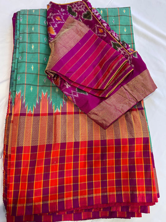 Green Double Ikkat Pochampally Pure Silk with High Neck Blouse