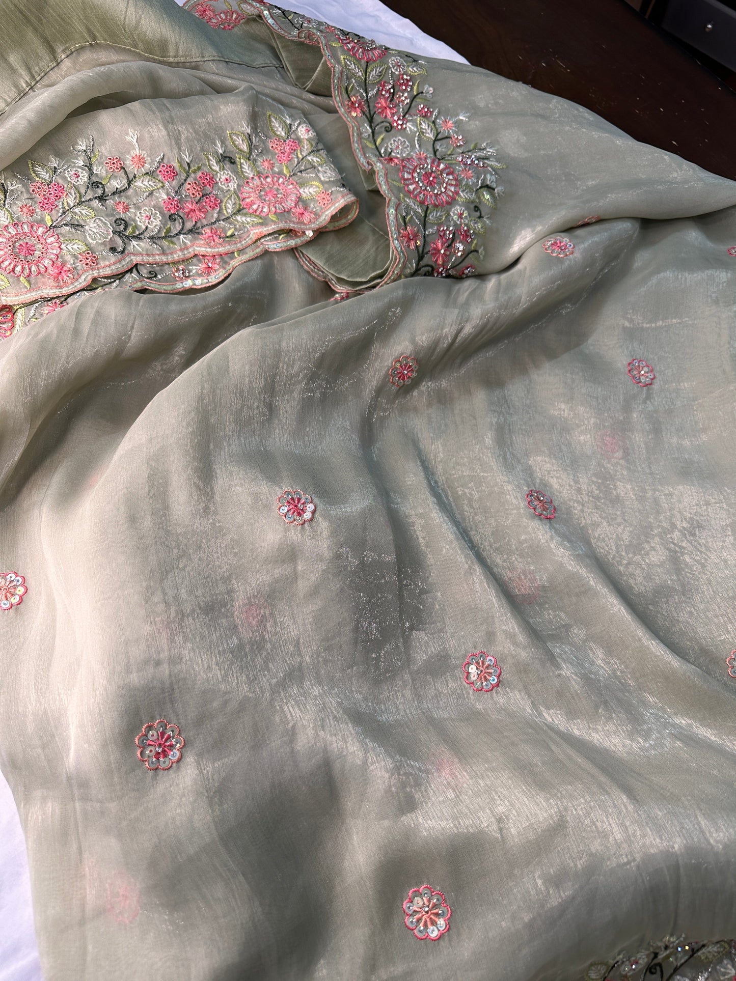 Fancy Georgette Shimmer Pista Green Saree