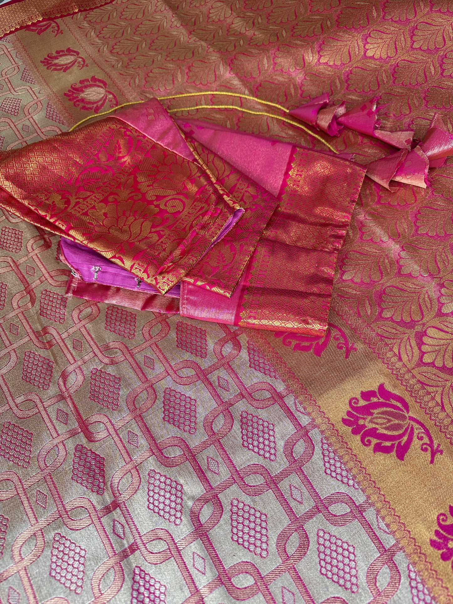 Self Zari Weaving Pink Semi Silk Saree