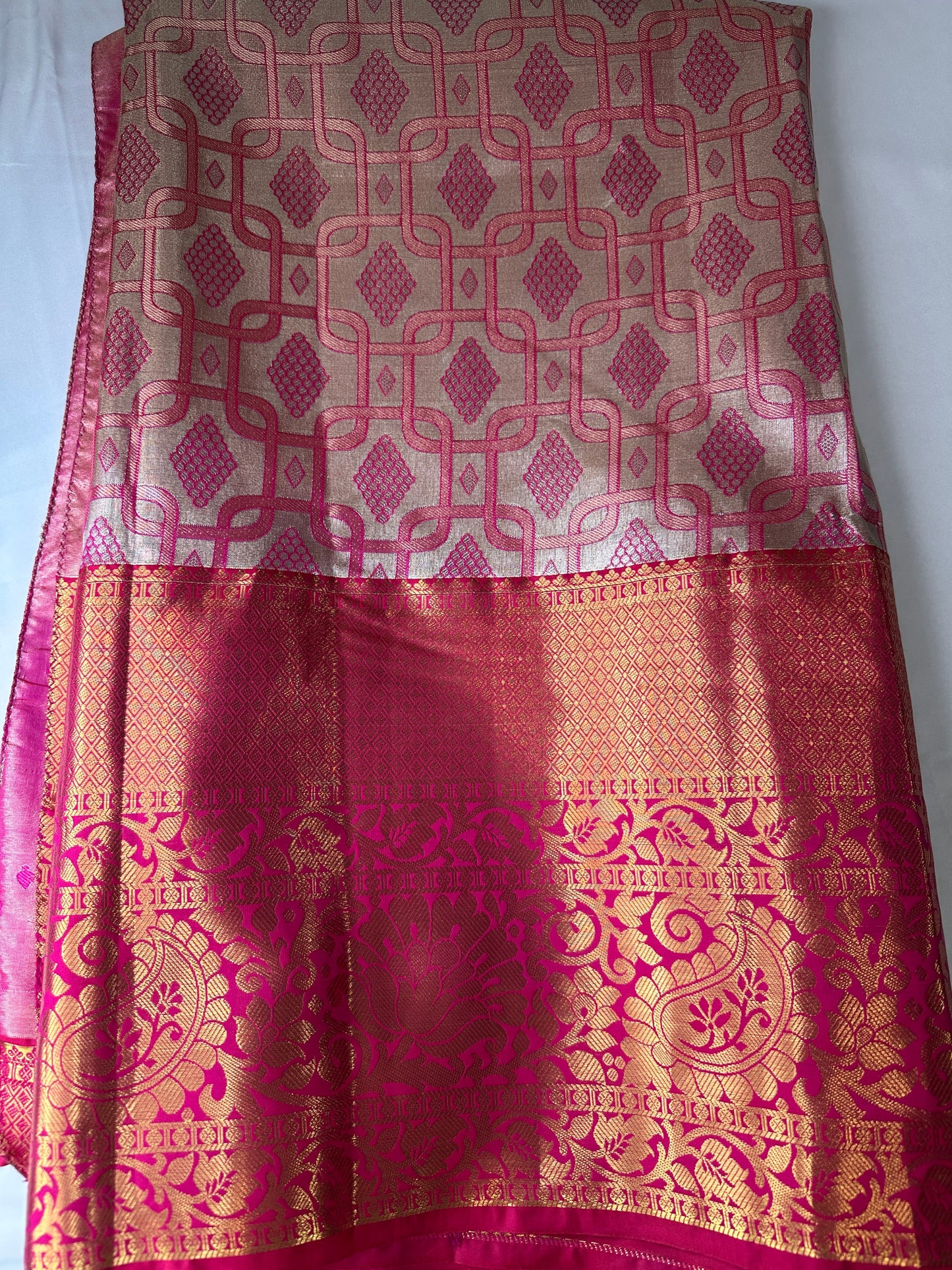 Self Zari Weaving Pink Semi Silk Saree
