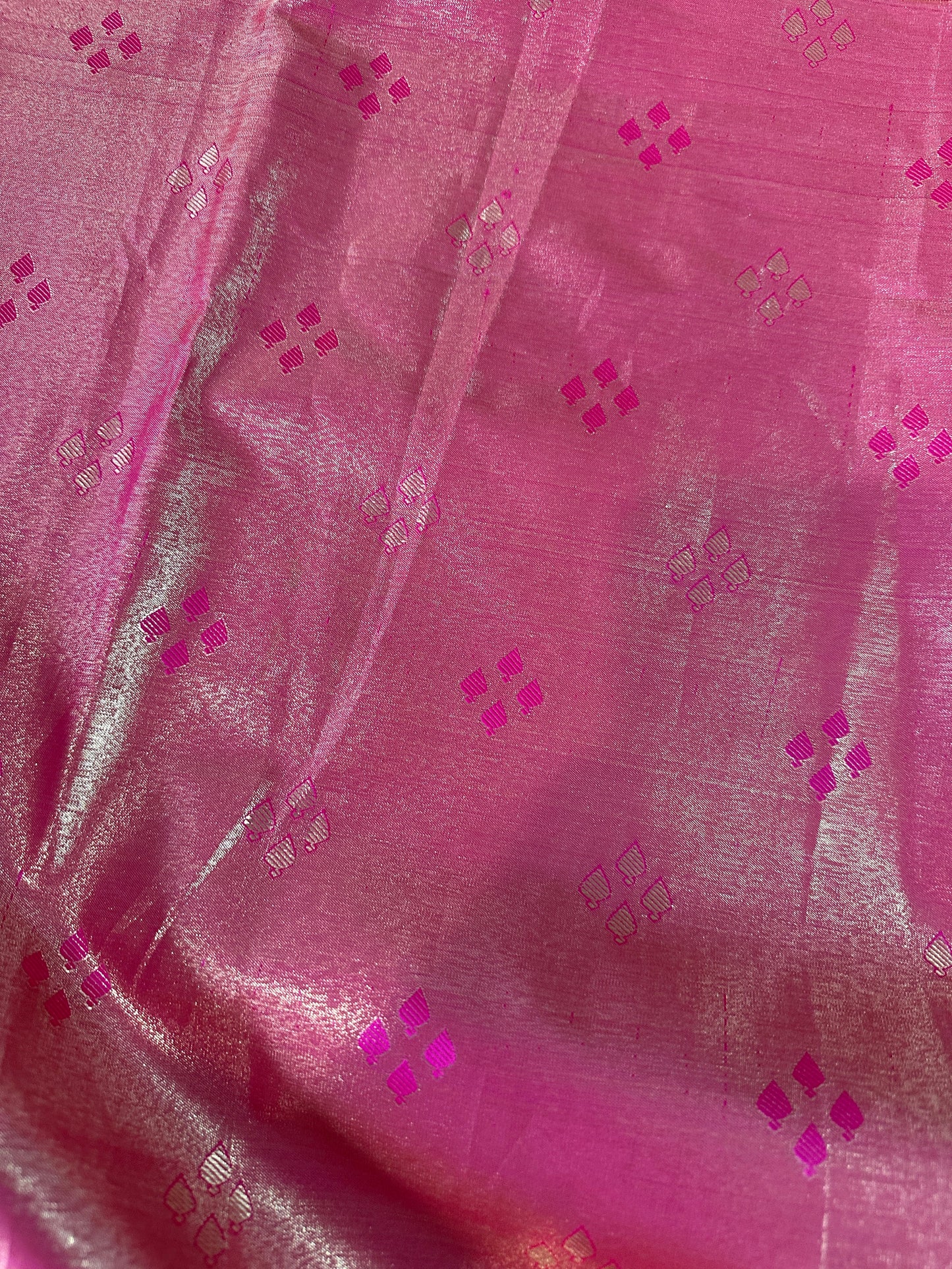Self Zari Weaving Pink Semi Silk Saree