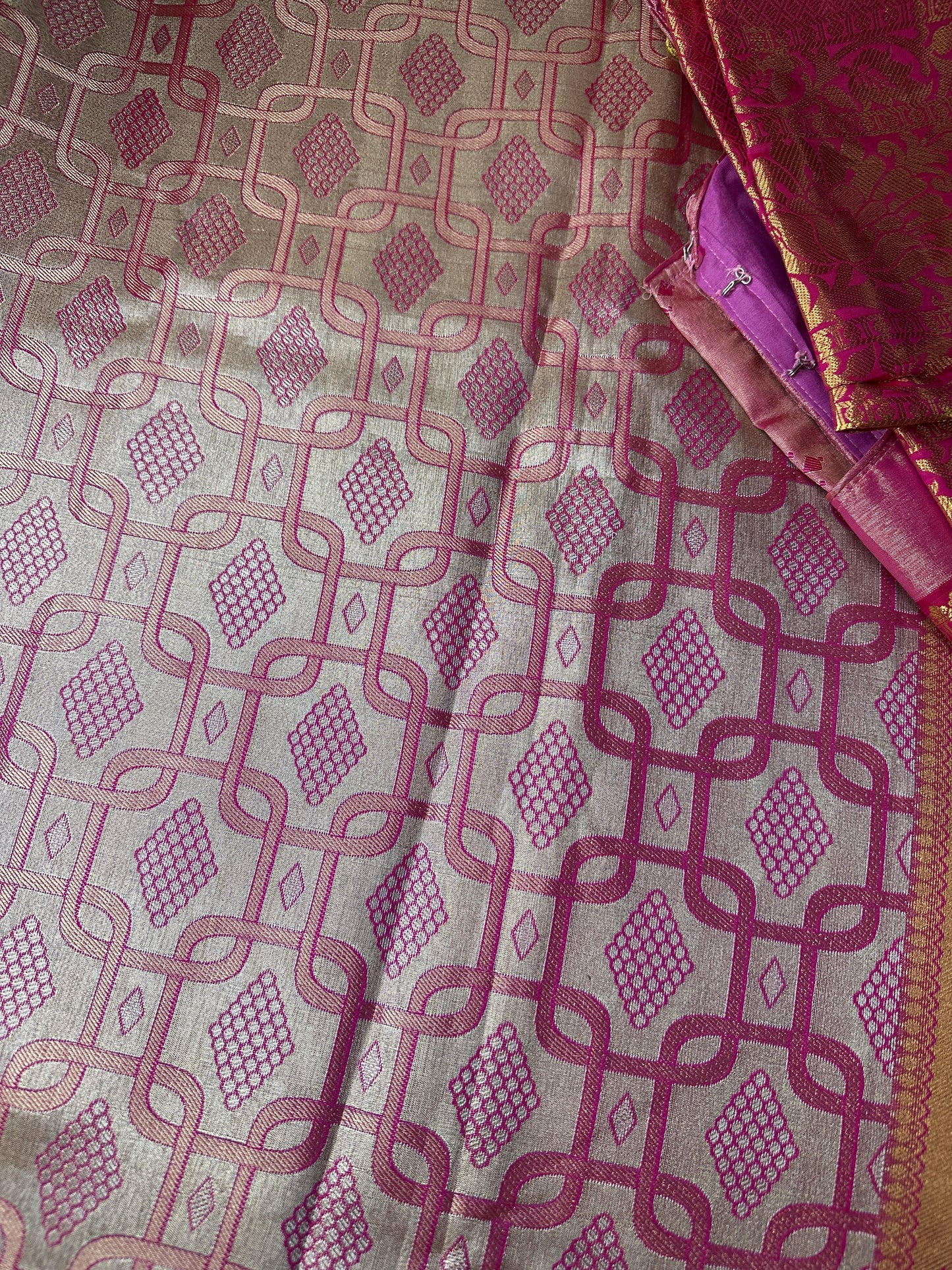 Self Zari Weaving Pink Semi Silk Saree
