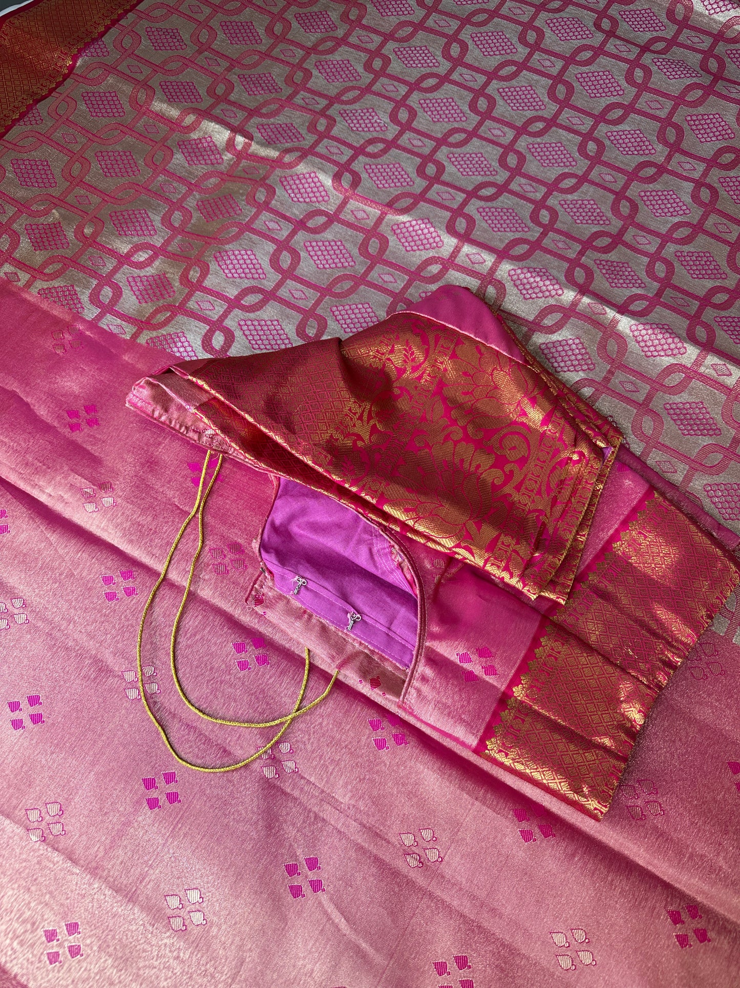 Self Zari Weaving Pink Semi Silk Saree