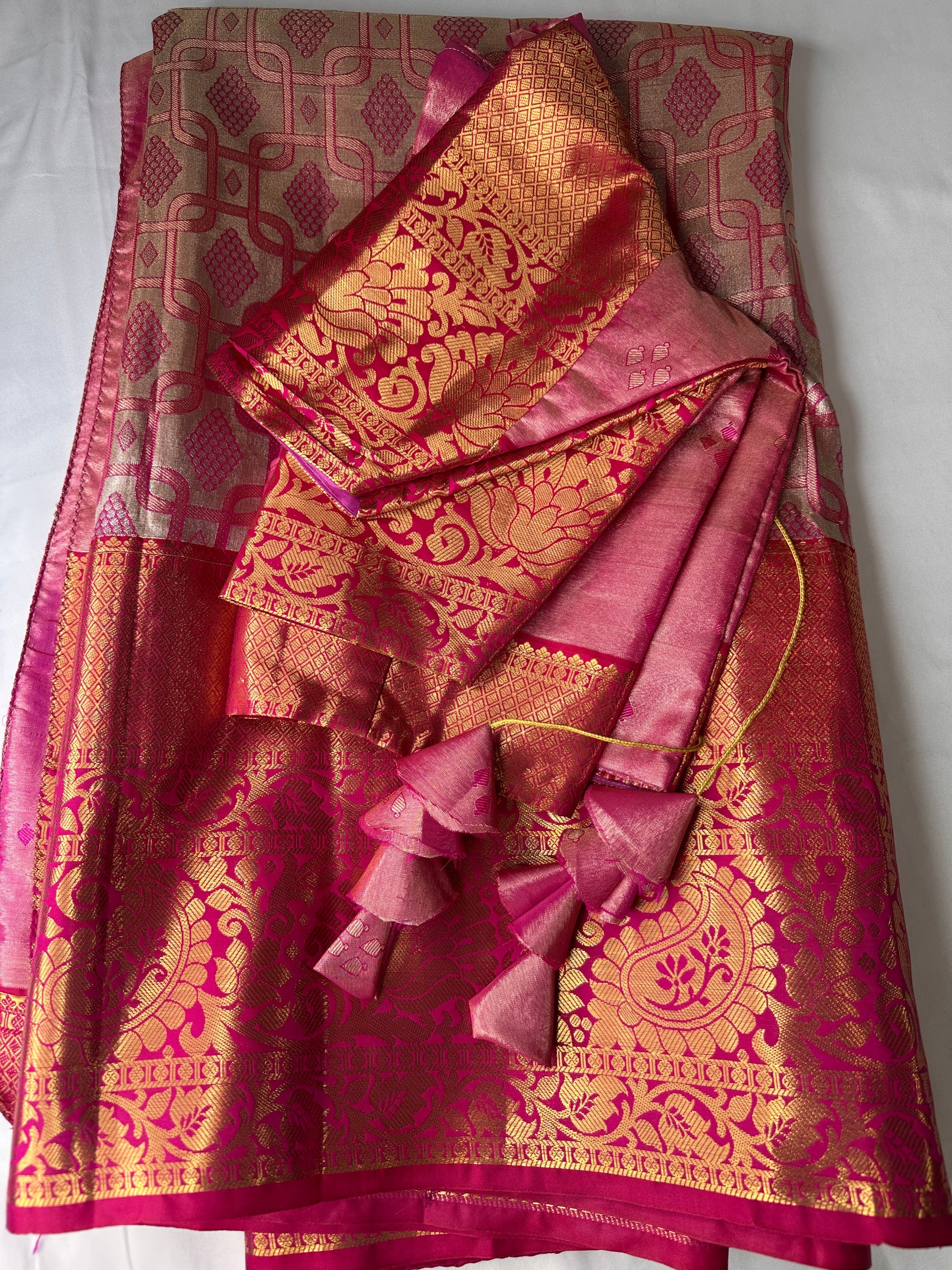 Self Zari Weaving Pink Semi Silk Saree