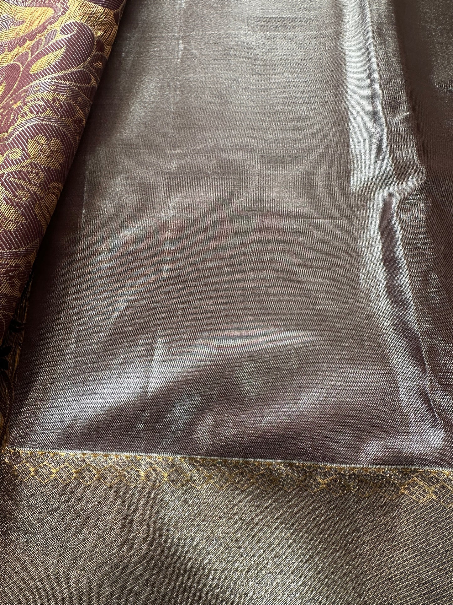 Grey Copper Self weaving Semi Kachi pattu Saree
