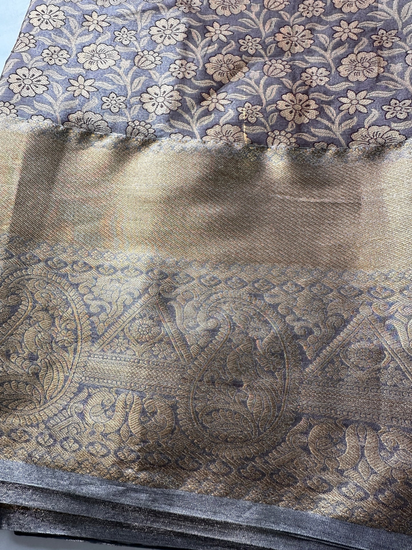 Grey Copper Self weaving Semi Kachi pattu Saree