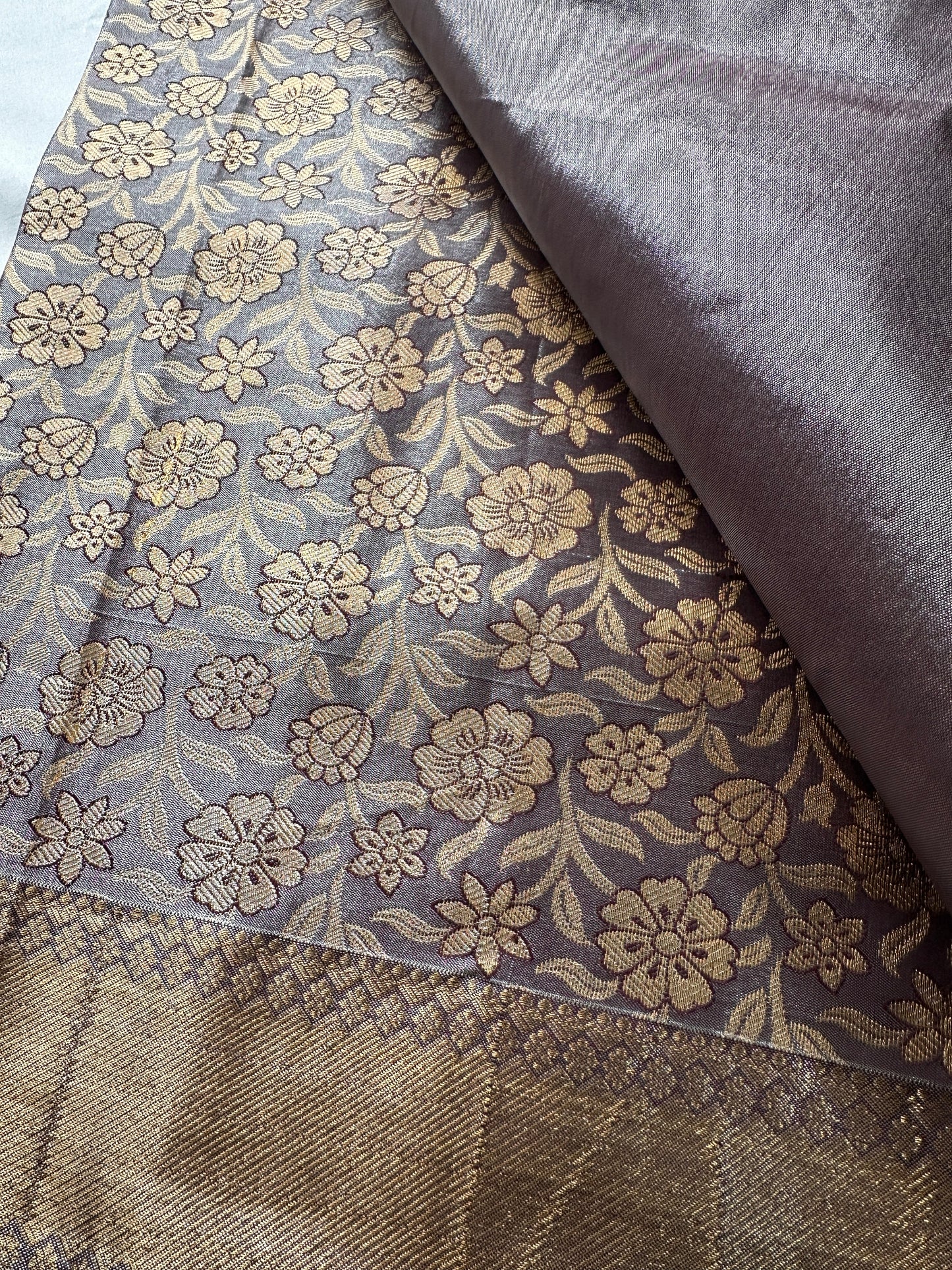 Grey Copper Self weaving Semi Kachi pattu Saree