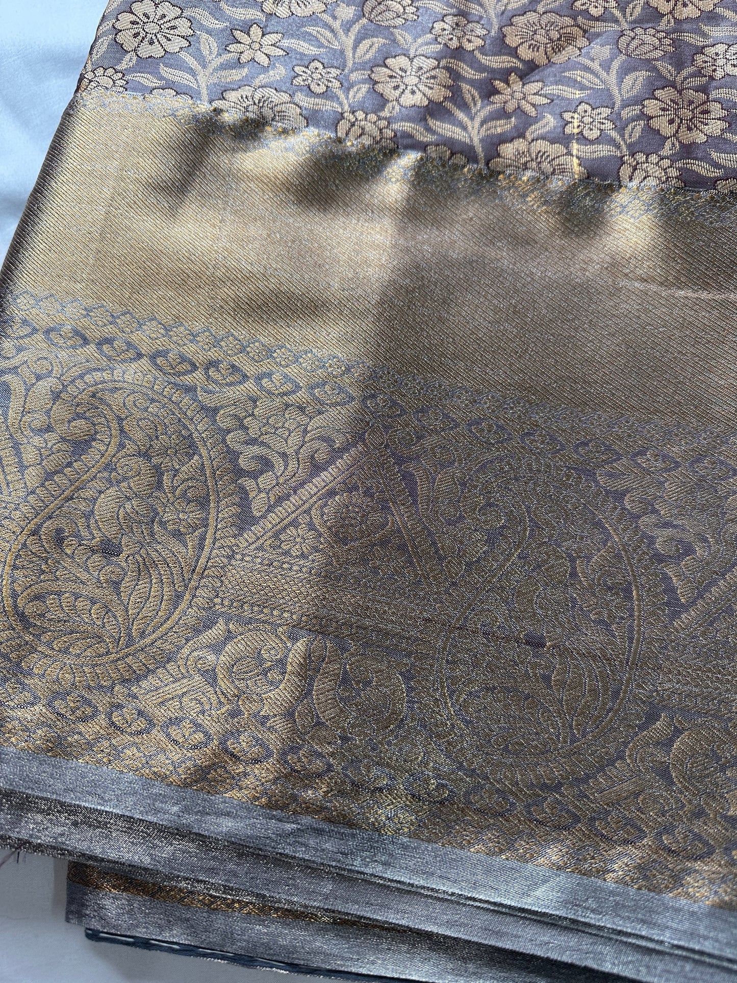 Grey Copper Self weaving Semi Kachi pattu Saree