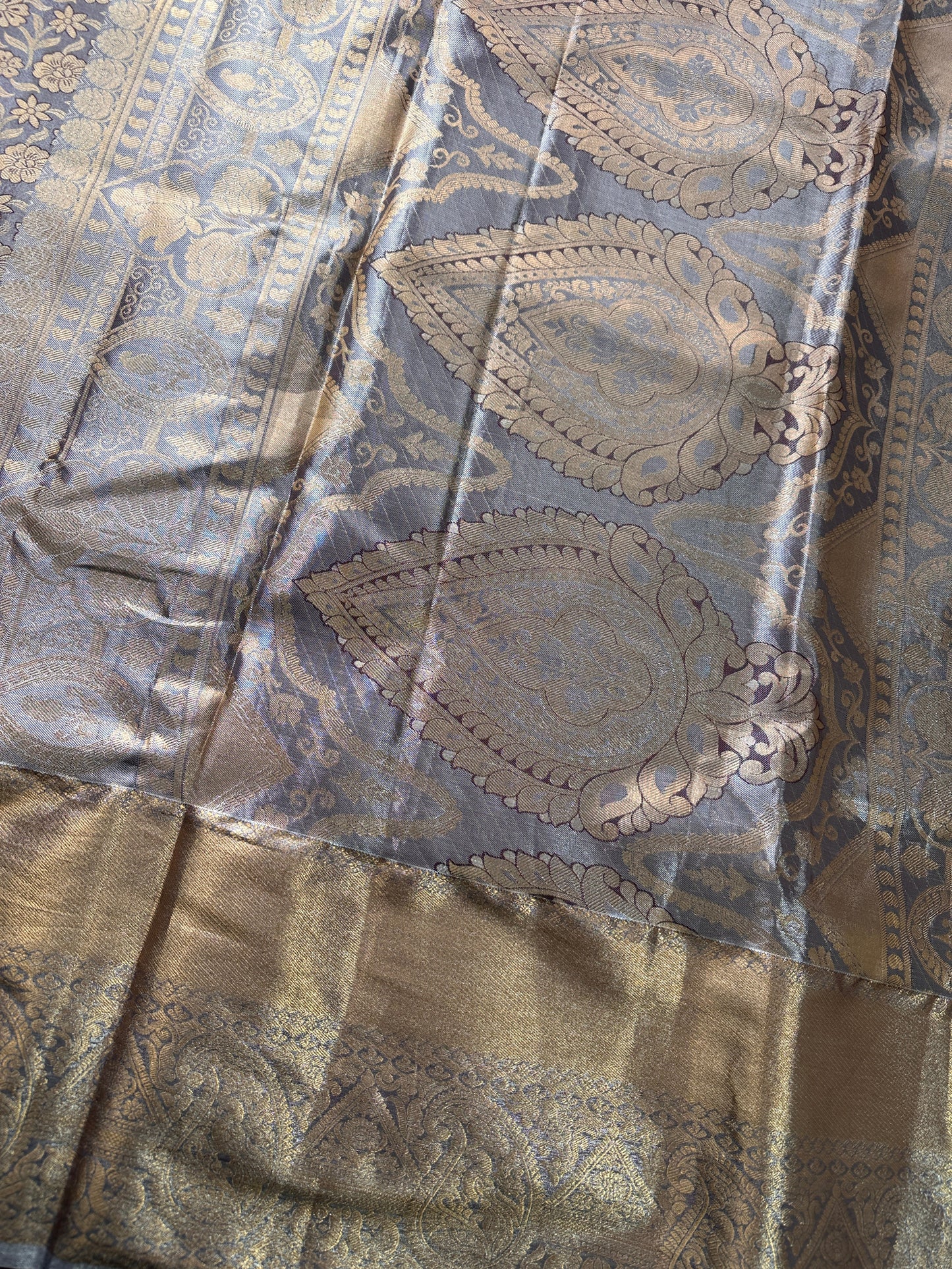 Grey Copper Self weaving Semi Kachi pattu Saree