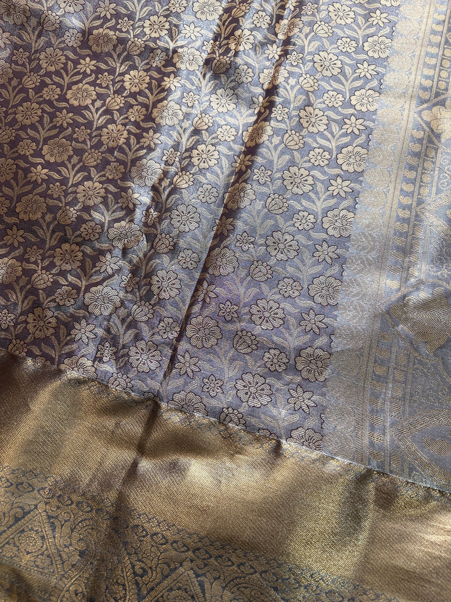Grey Copper Self weaving Semi Kachi pattu Saree