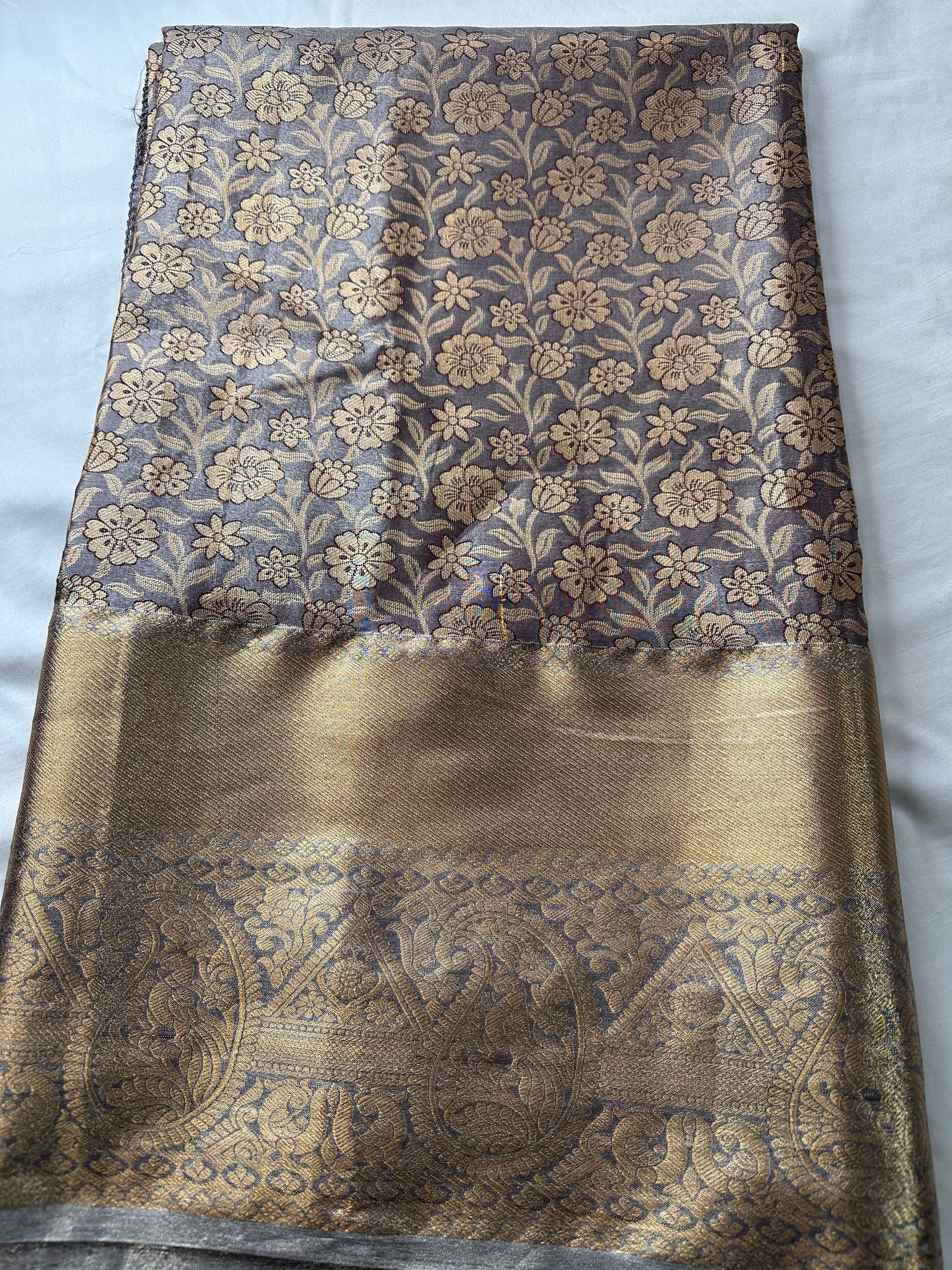 Grey Copper Self weaving Semi Kachi pattu Saree