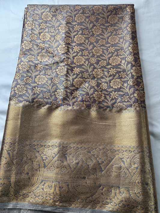 Grey Copper Self weaving Semi Kachi pattu Saree