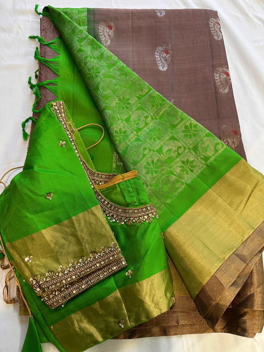Brown Green Pure Uppada Saree