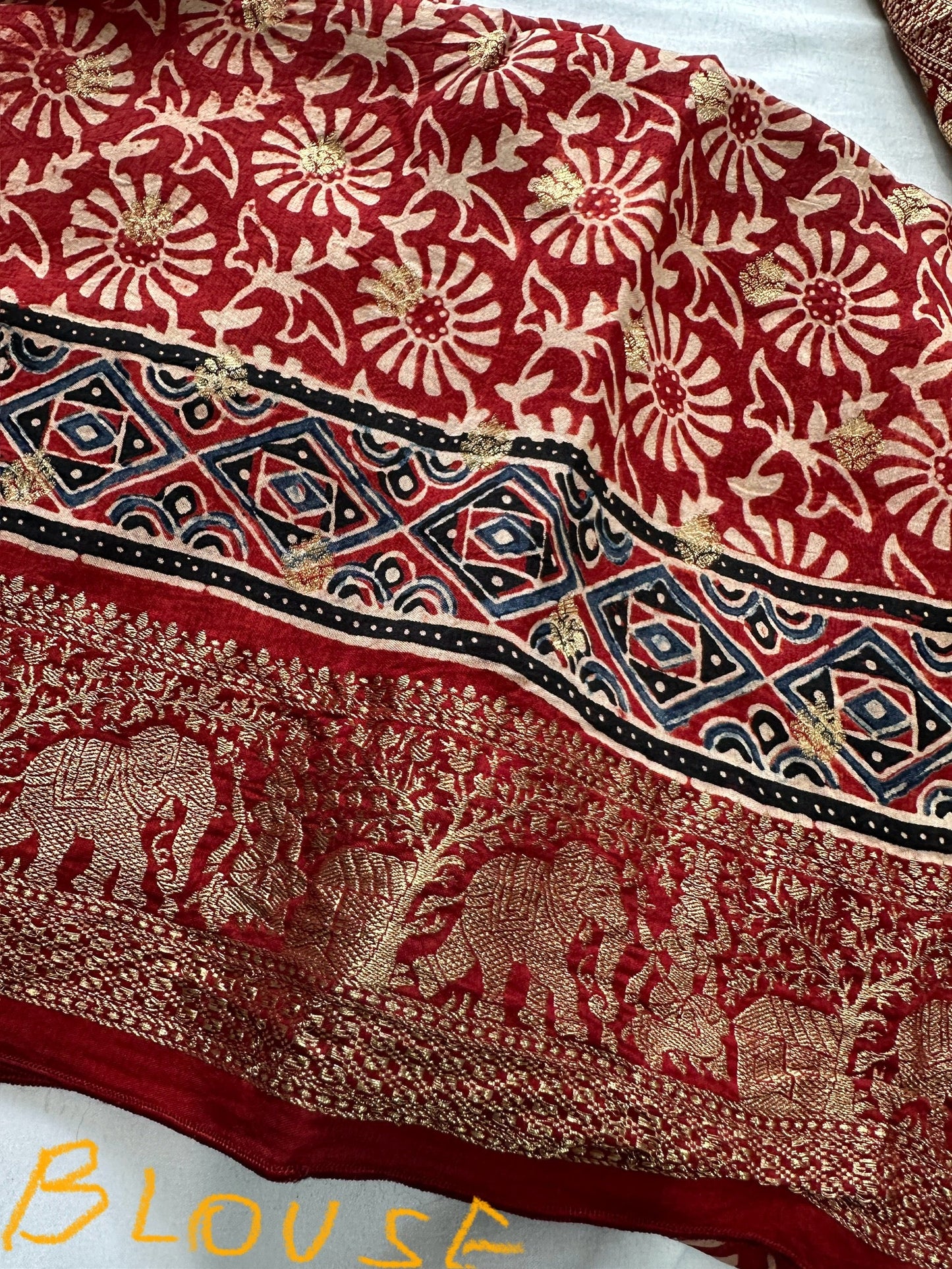 Red  Natural Ajarakh Handblock Dola Silk Saree