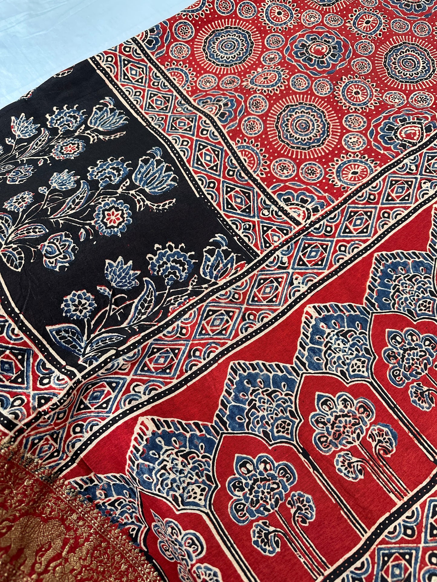 Red  Natural Ajarakh Handblock Dola Silk Saree