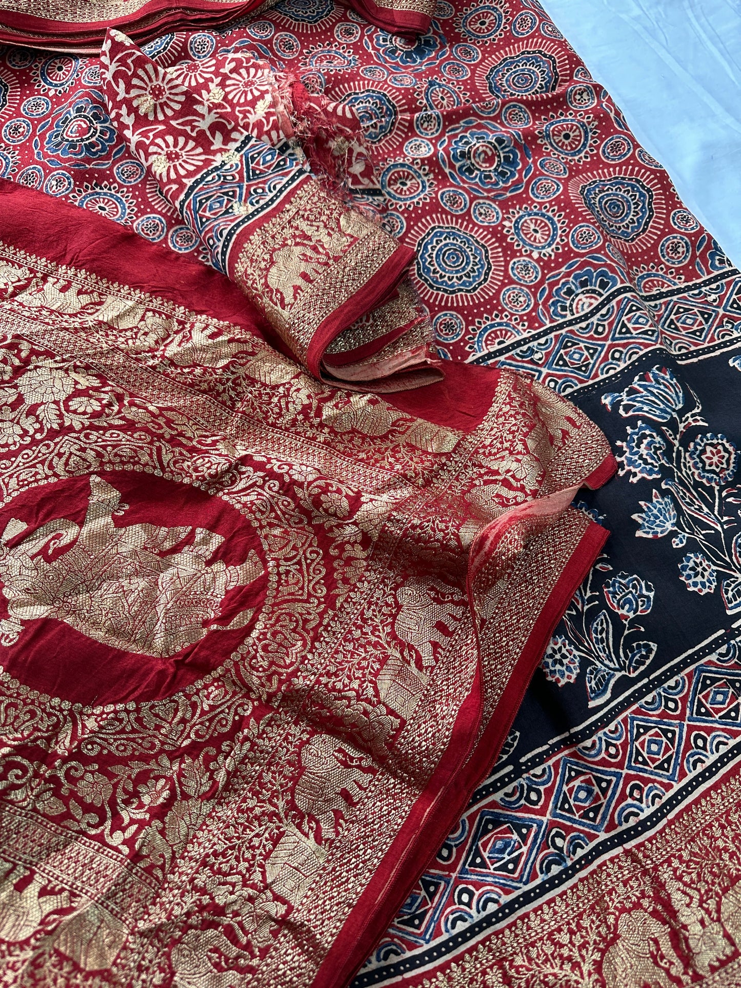 Red  Natural Ajarakh Handblock Dola Silk Saree