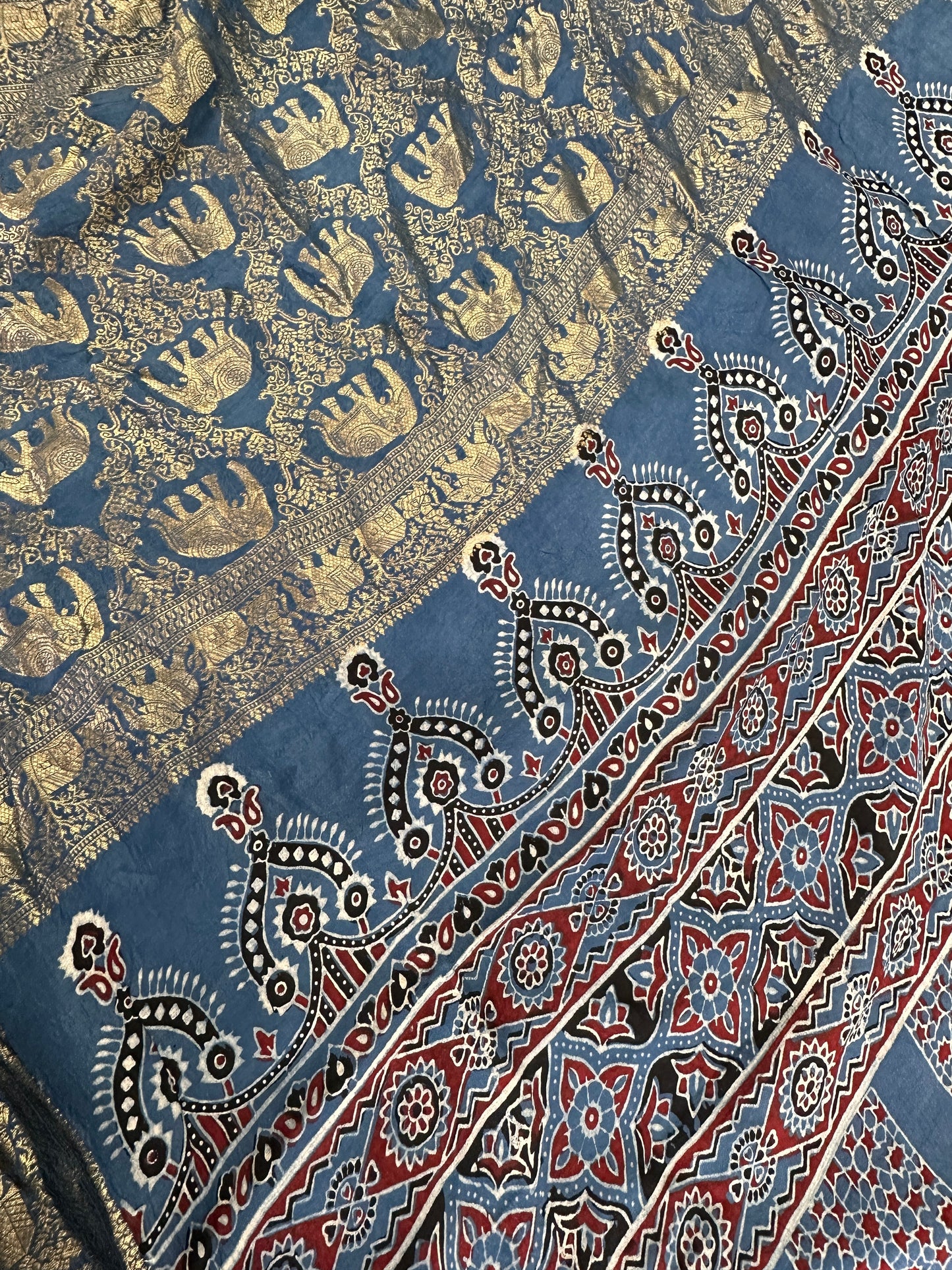 Indigo Natural Ajarakh Handblock Dola Silk Saree
