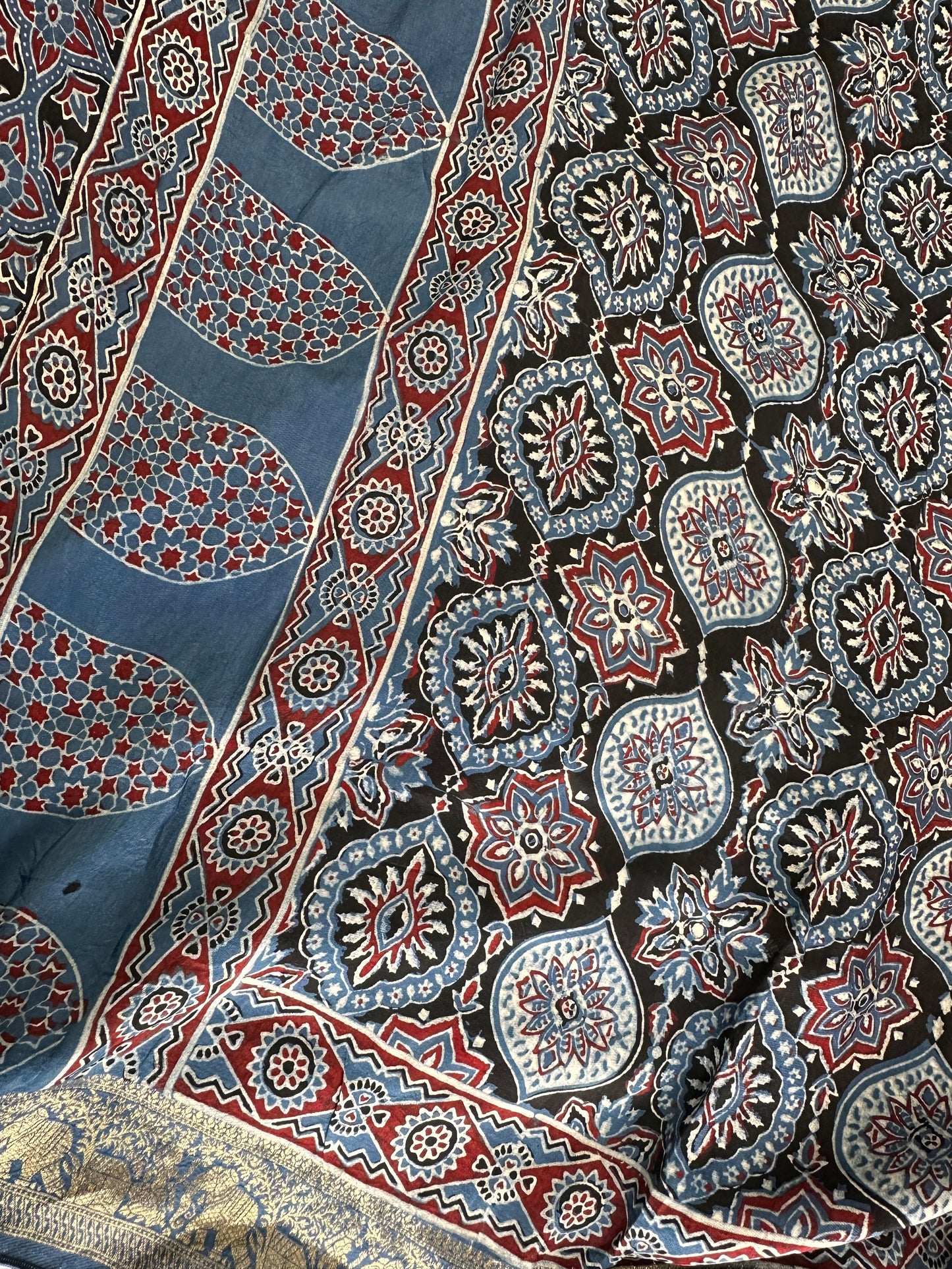 Indigo Natural Ajarakh Handblock Dola Silk Saree