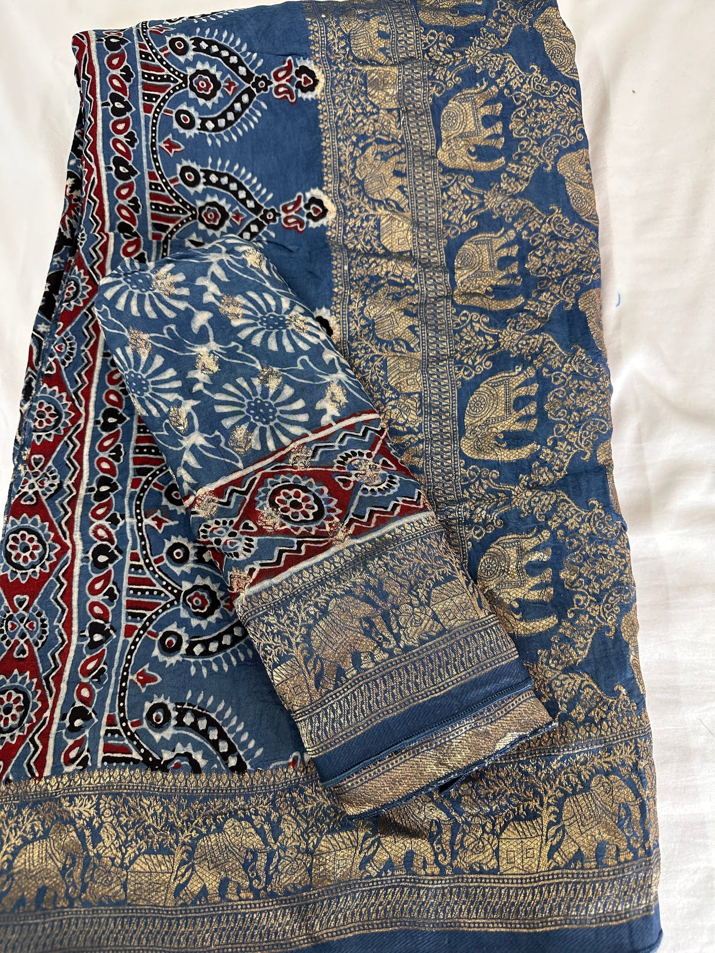 Indigo Natural Ajarakh Handblock Dola Silk Saree