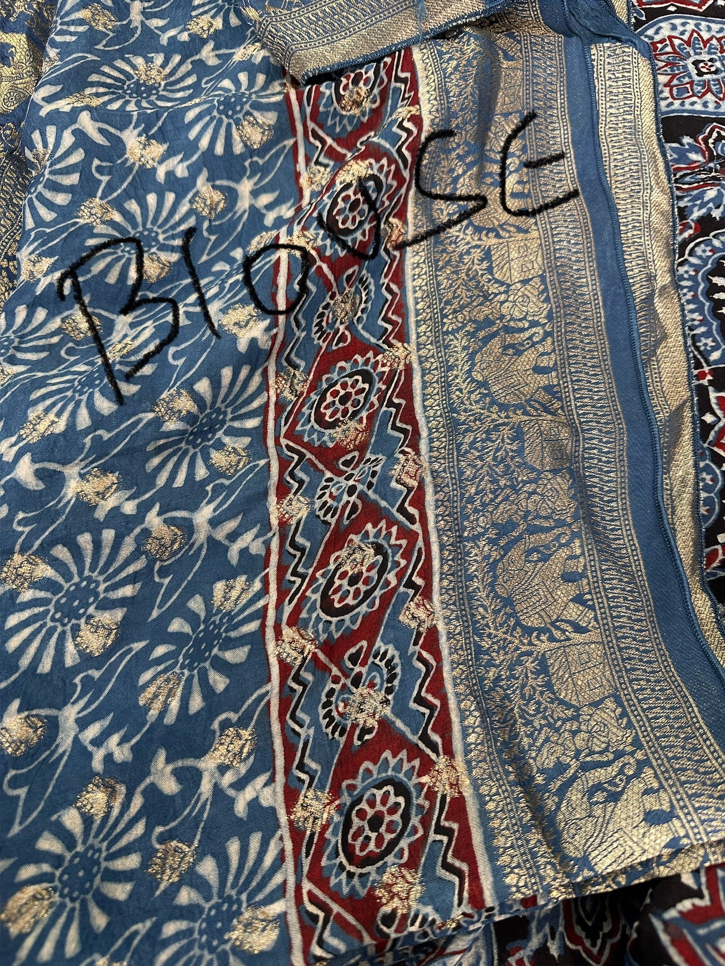 Indigo Natural Ajarakh Handblock Dola Silk Saree