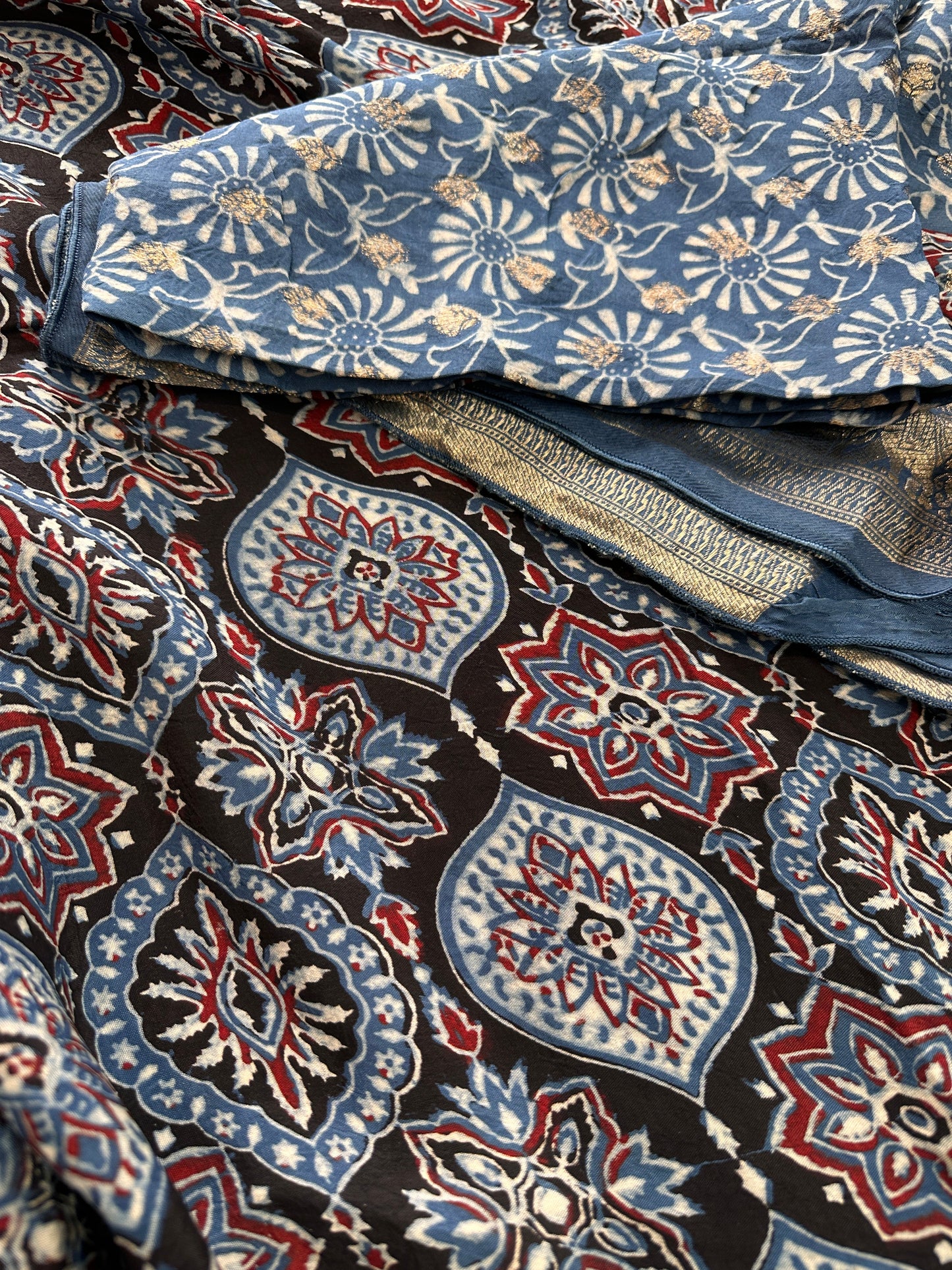 Indigo Natural Ajarakh Handblock Dola Silk Saree