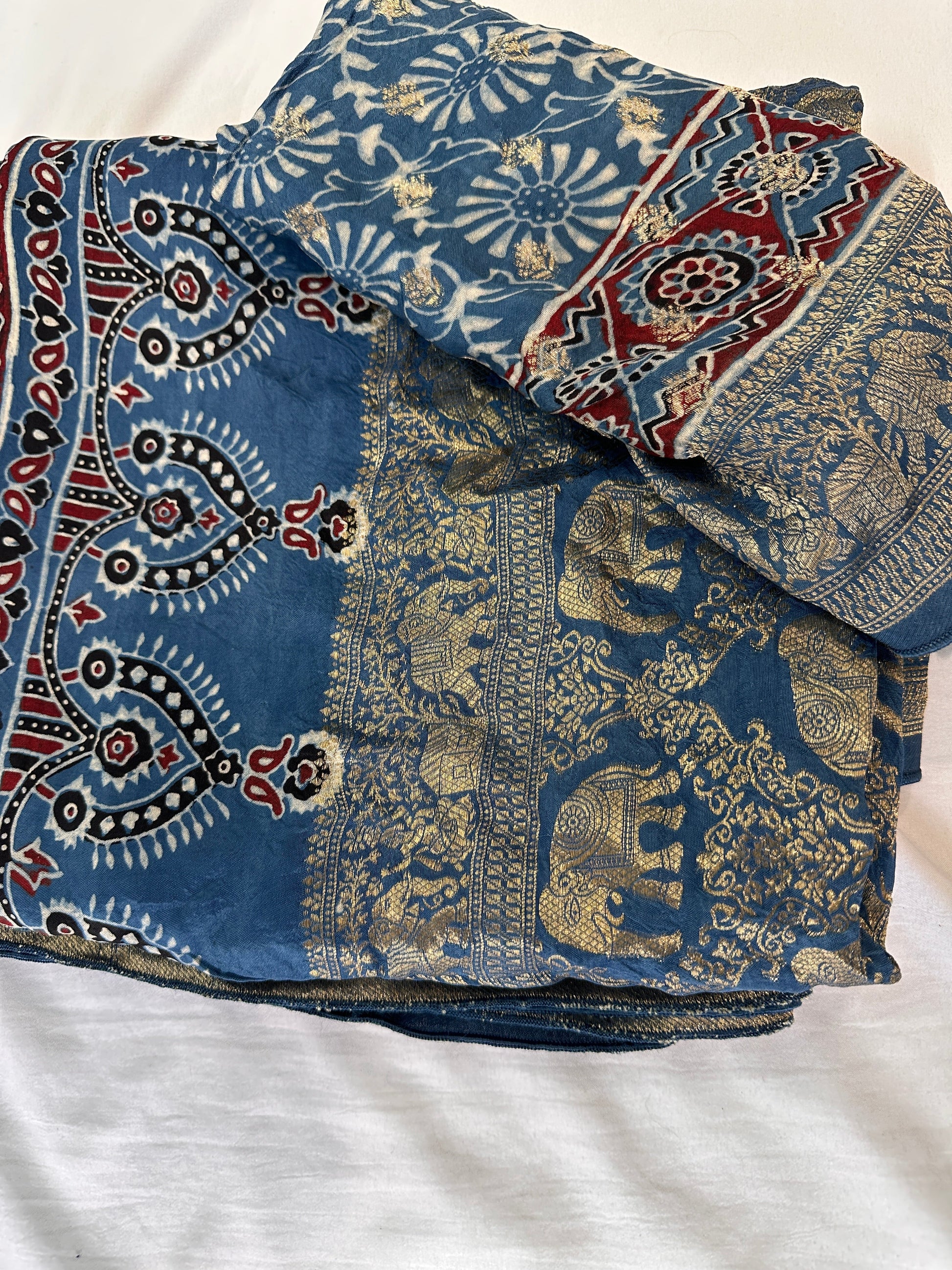 Indigo Natural Ajarakh Handblock Dola Silk Saree