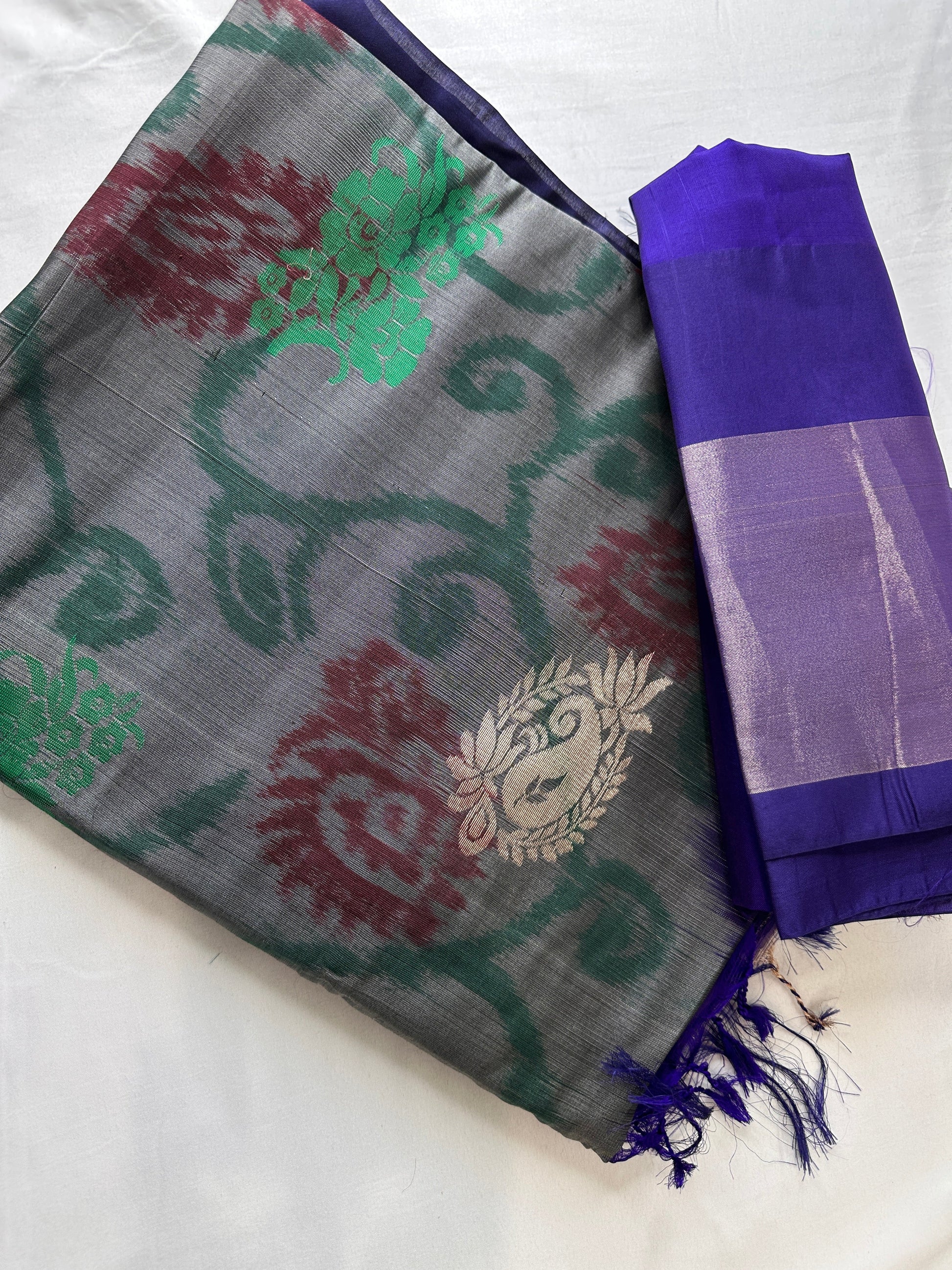 Grey Pochampally Soft Silk Saree
