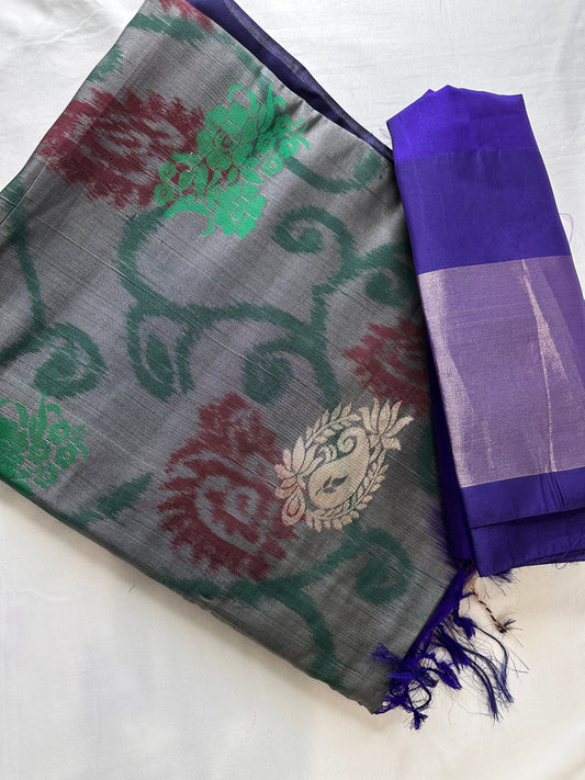 Grey Pochampally Soft Silk Saree