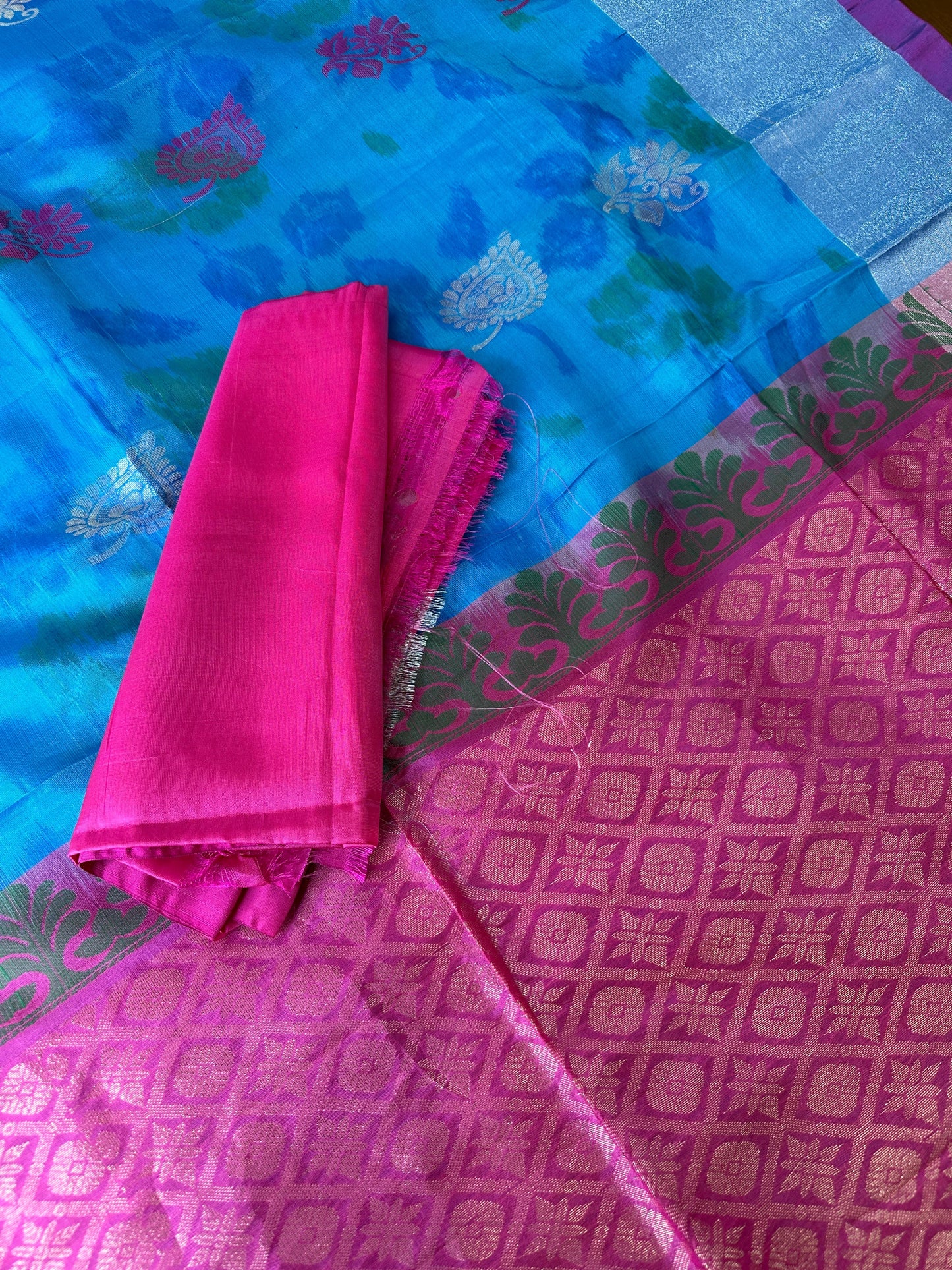 Blue Pink Pochampally Soft Silk Saree