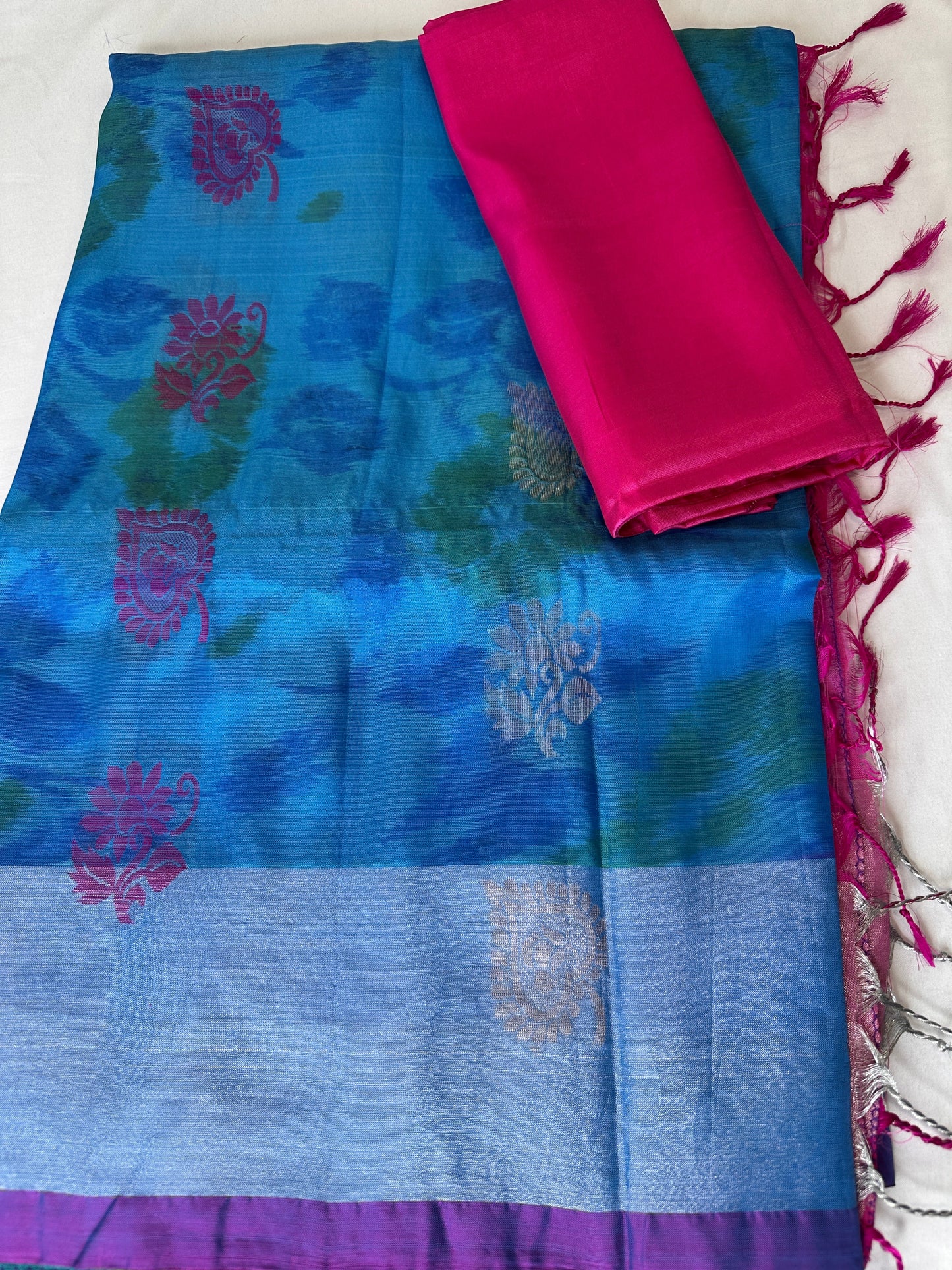 Blue Pink Pochampally Soft Silk Saree