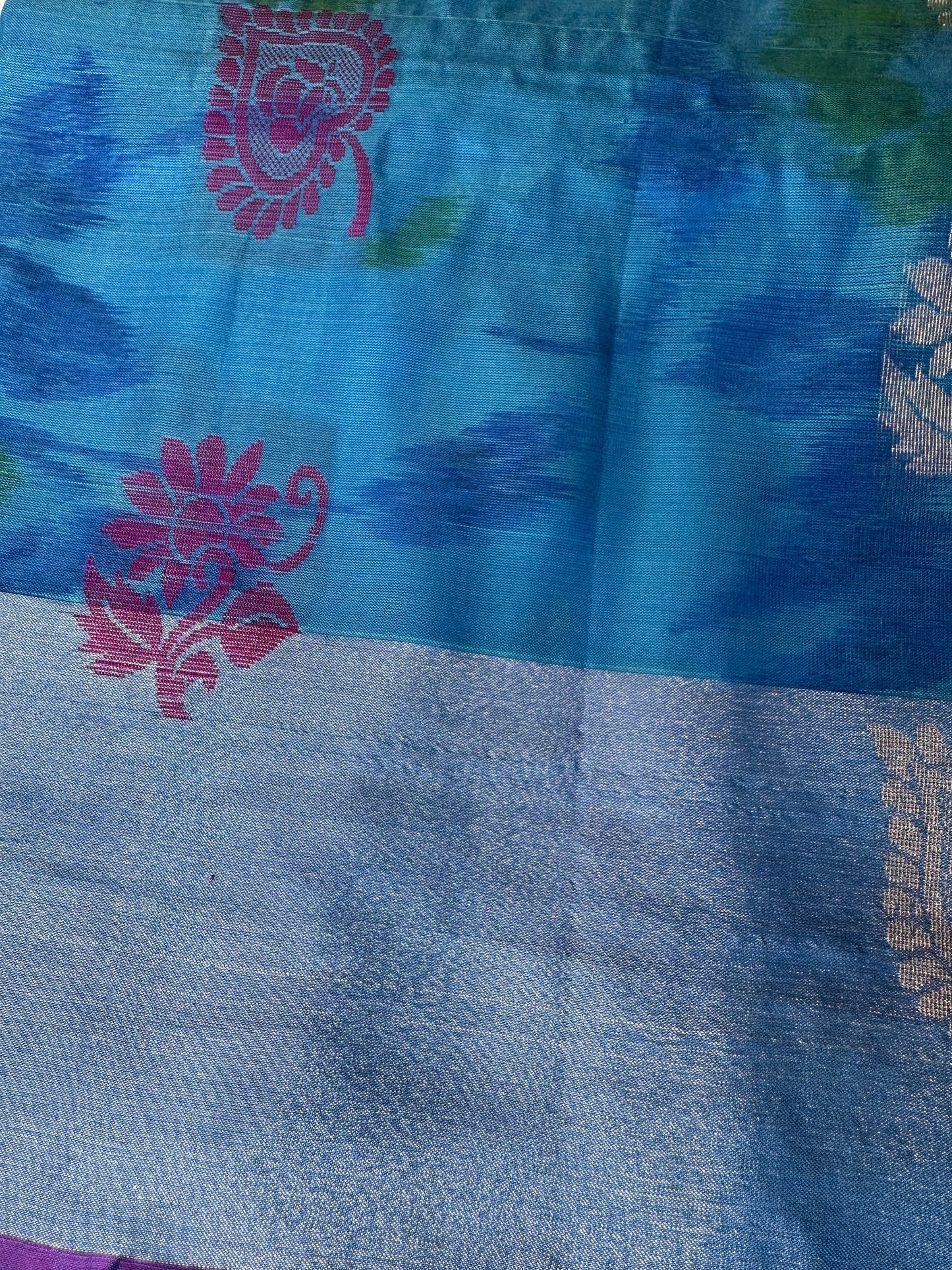 Blue Pink Pochampally Soft Silk Saree