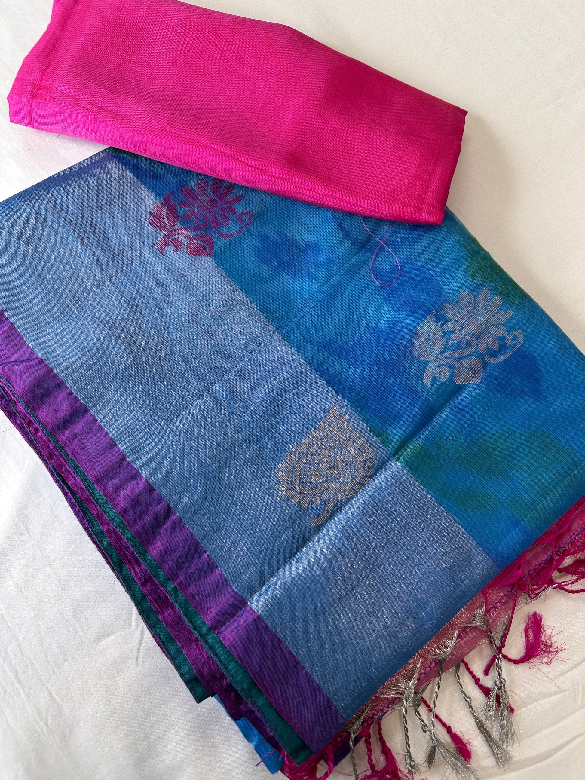 Blue Pink Pochampally Soft Silk Saree