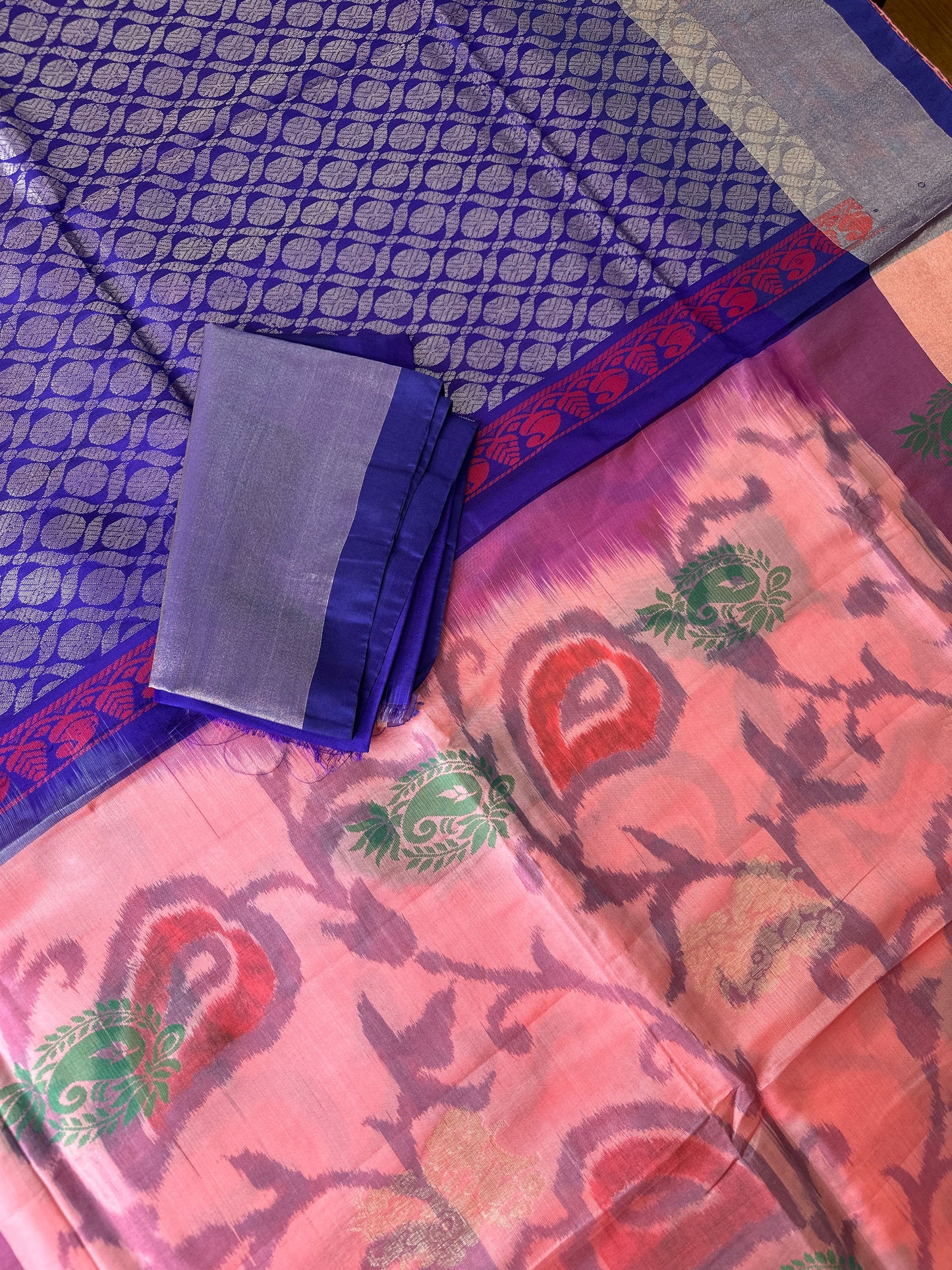 Peachish Pink Pochampally Soft Silk Saree
