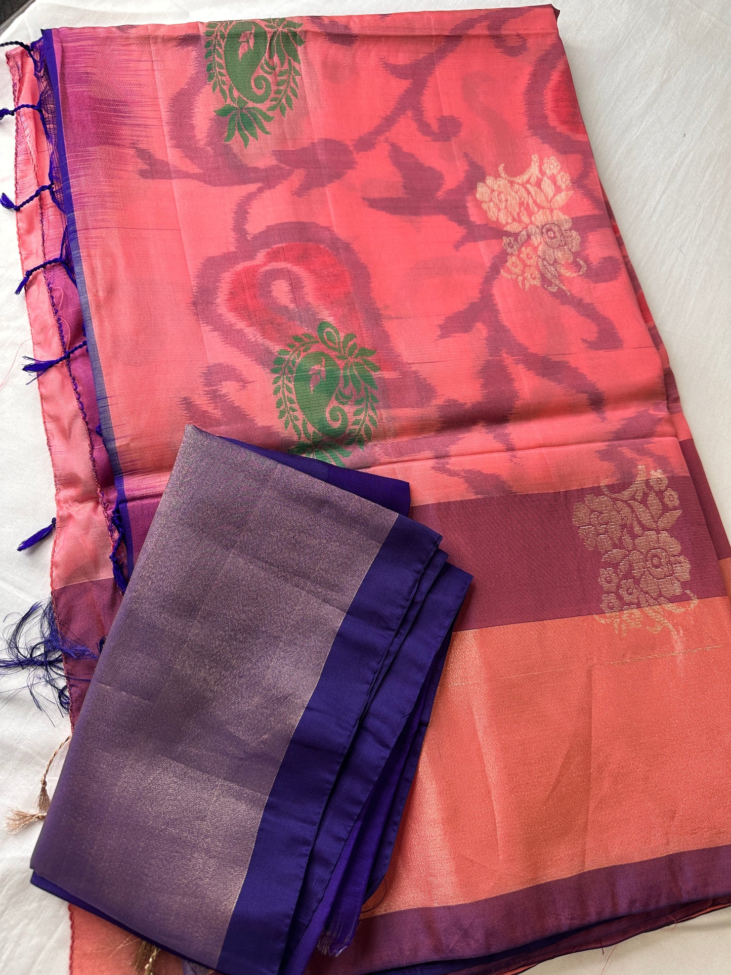 Peachish Pink Pochampally Soft Silk Saree