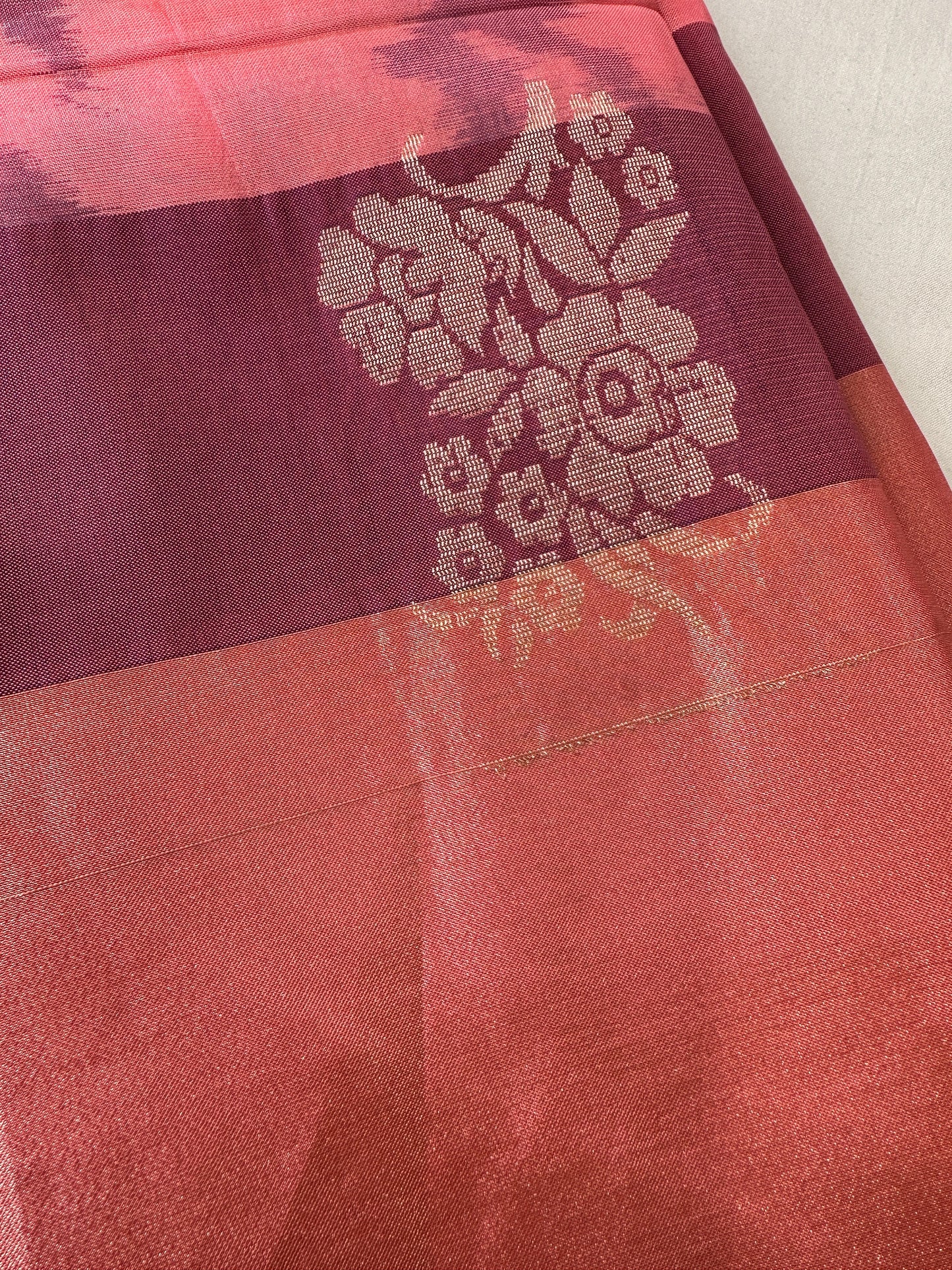 Peachish Pink Pochampally Soft Silk Saree