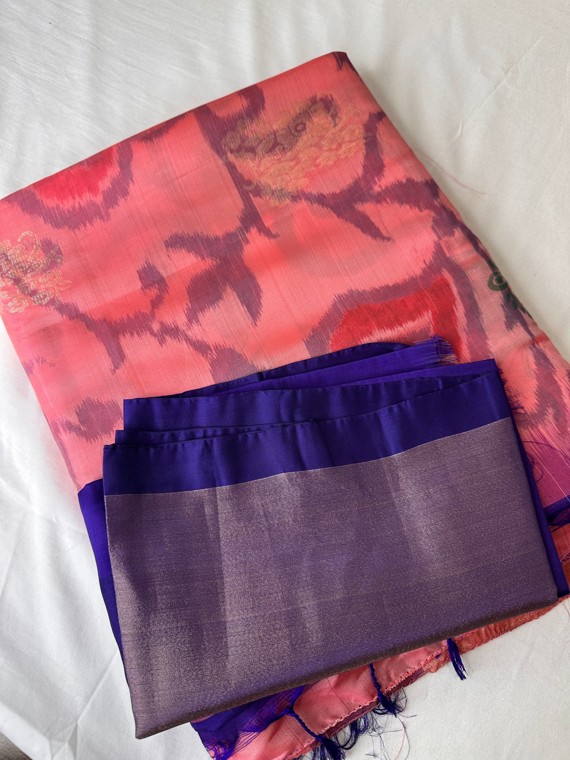 Peachish Pink Pochampally Soft Silk Saree