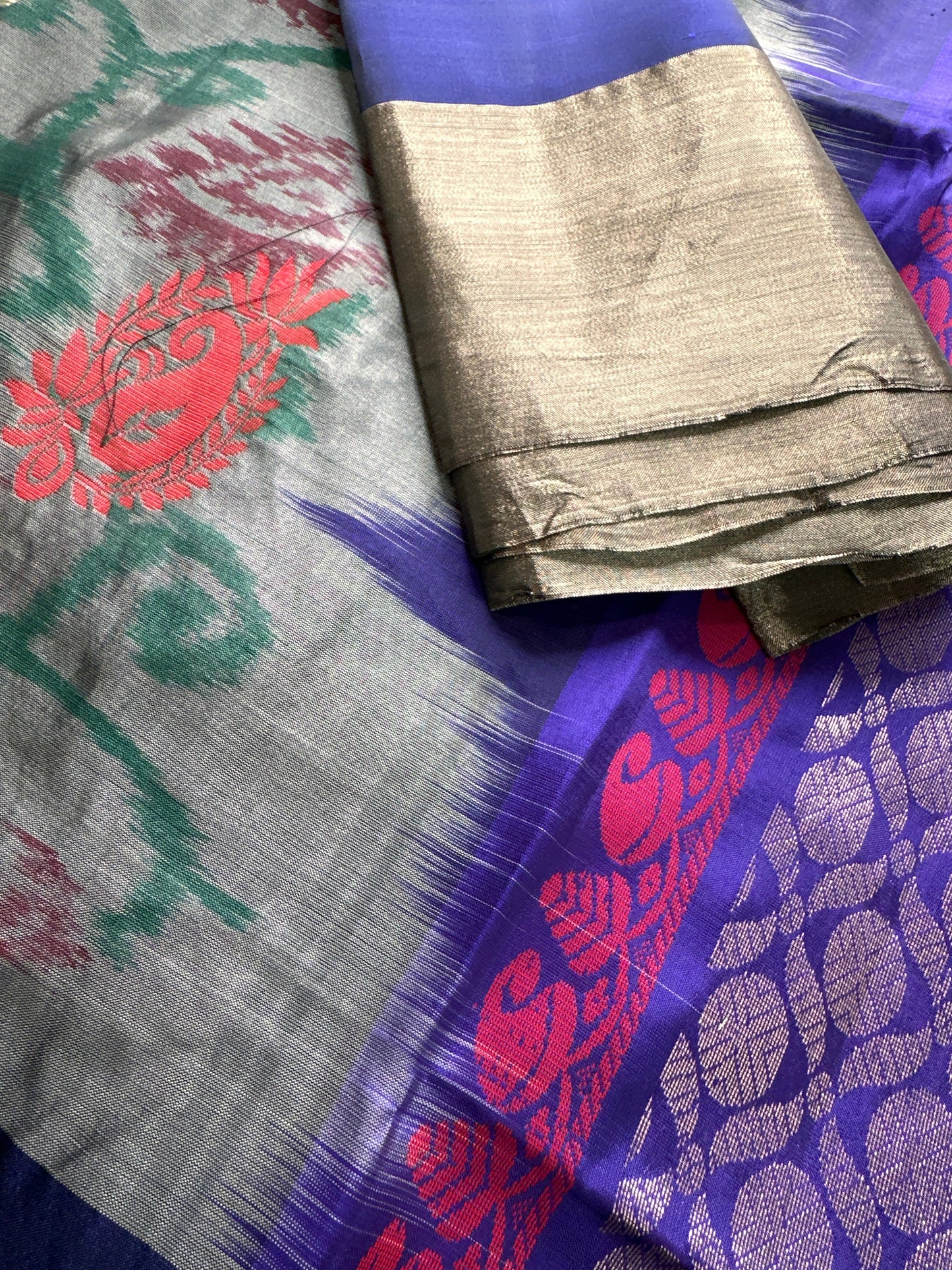 Grey Pochampally Soft Silk Saree