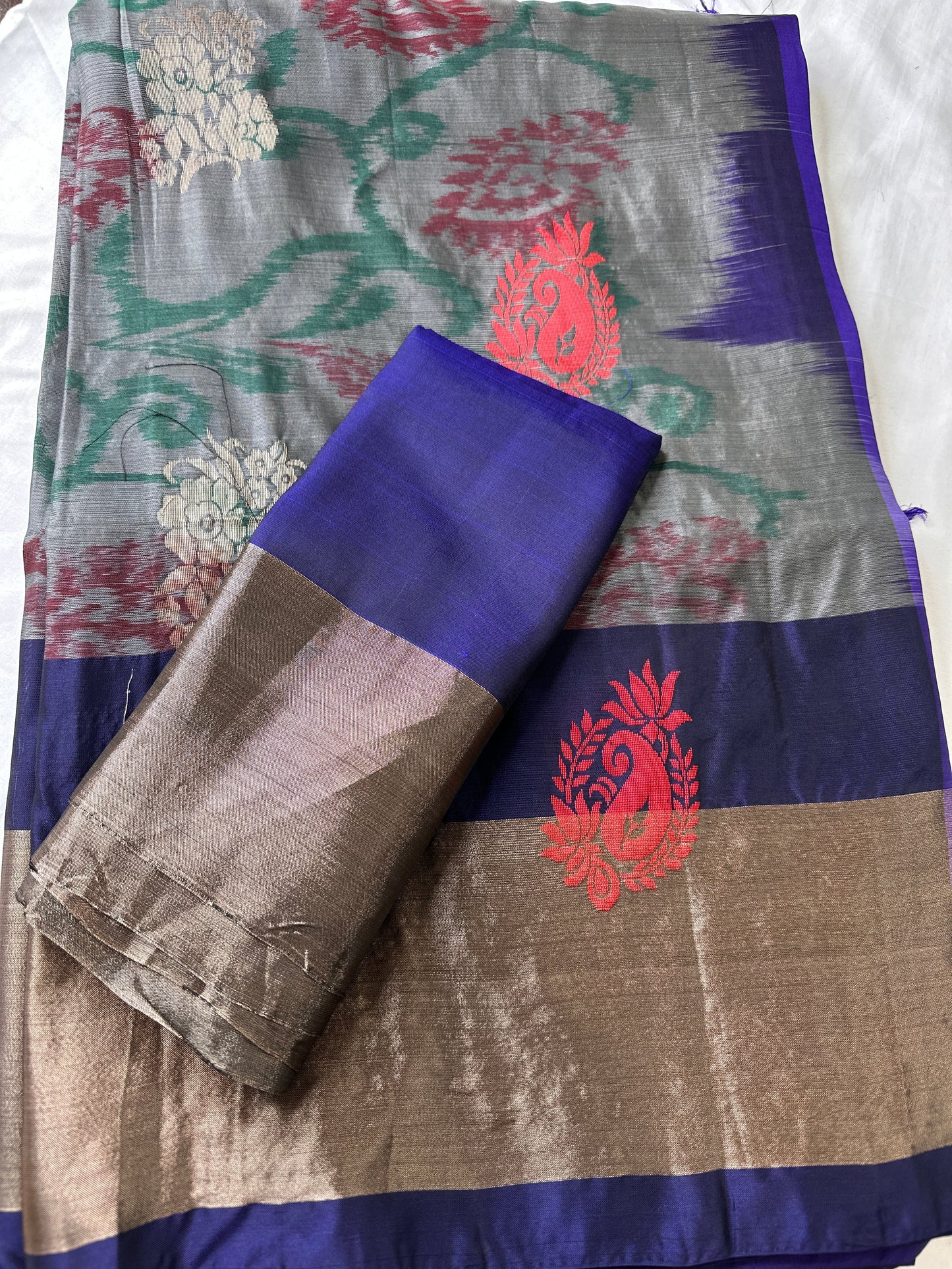 Grey Pochampally Soft Silk Saree