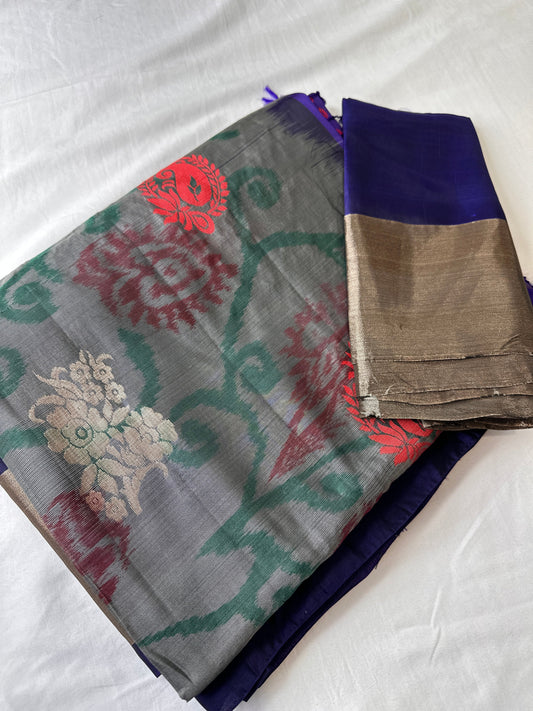 Grey Pochampally Soft Silk Saree