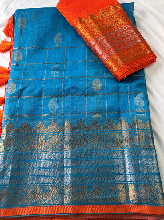 Pure Venkatgiri Blue Orange Saree