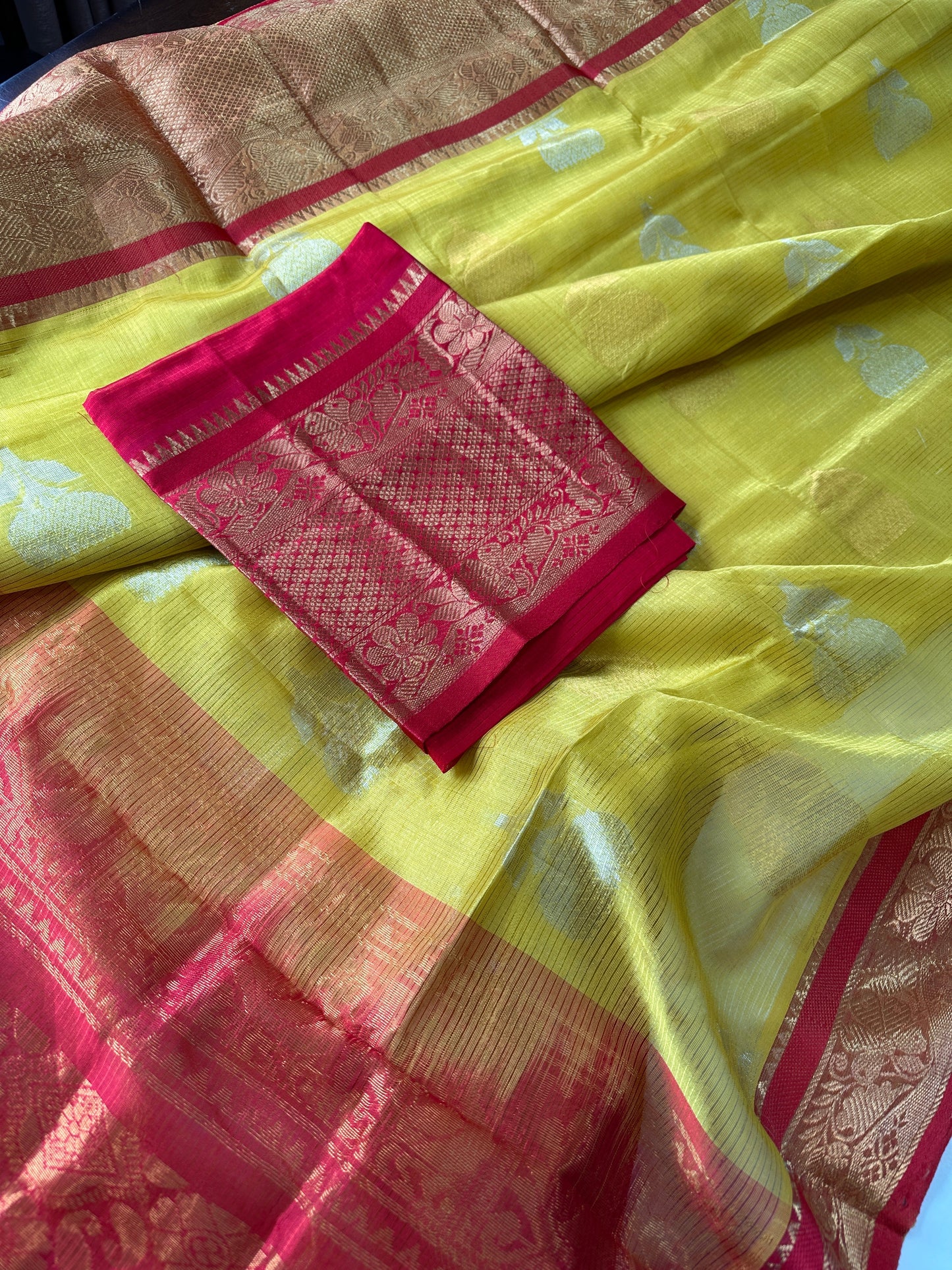 Pure Venkatgiri Yellow Red Saree