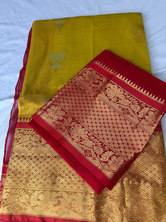 Pure Venkatgiri Yellow Red Saree