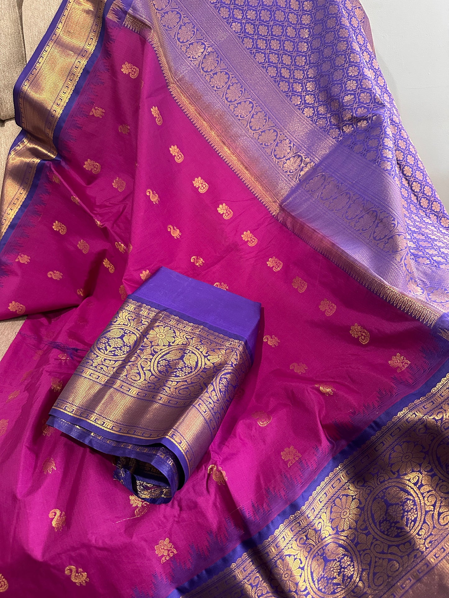 Pure Gadwal Pink and Blue Saree