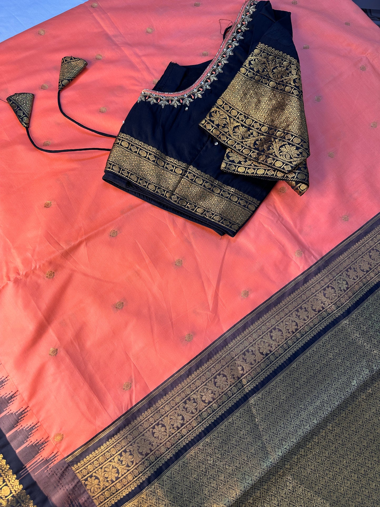 Peach Black Pattu Gadwal Saree