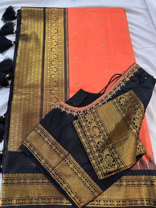 Peach Black Pattu Gadwal Saree