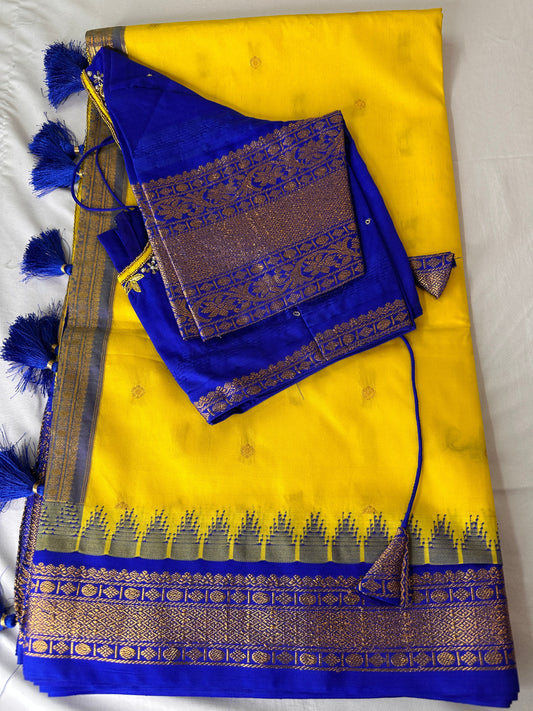 Yellow Blue Pattu Gadwal Saree