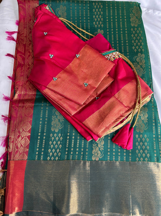 Green Uppada Light Weight Saree with Maggam Work Blouse