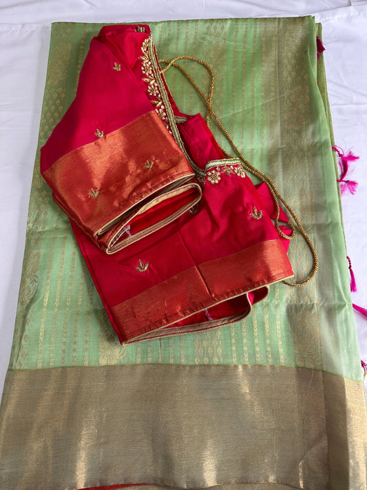 Green Uppada Light Weight Saree with Maggam Work Blouse