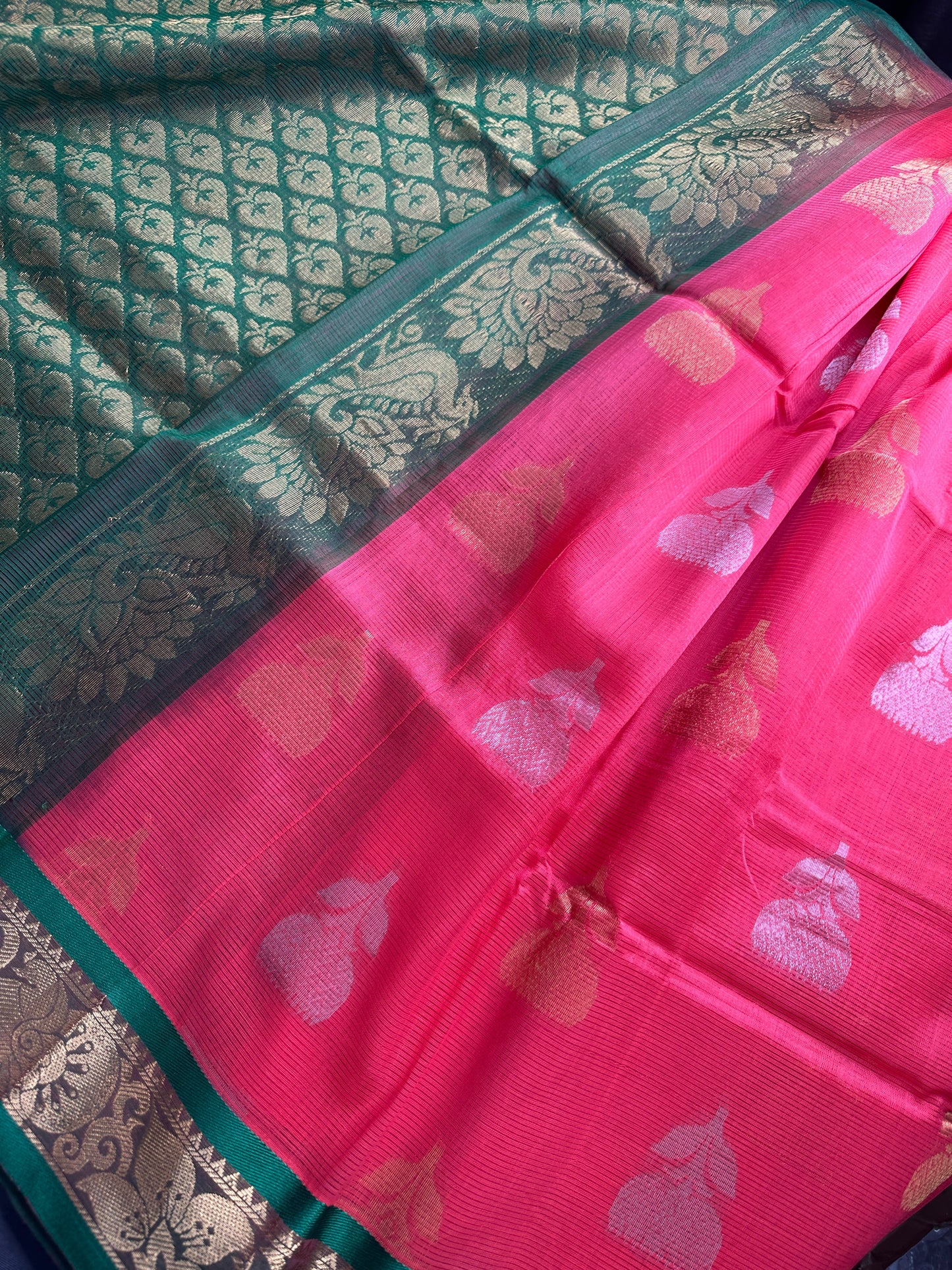 Pure Venkatgiri Silk Pink and Green Saree