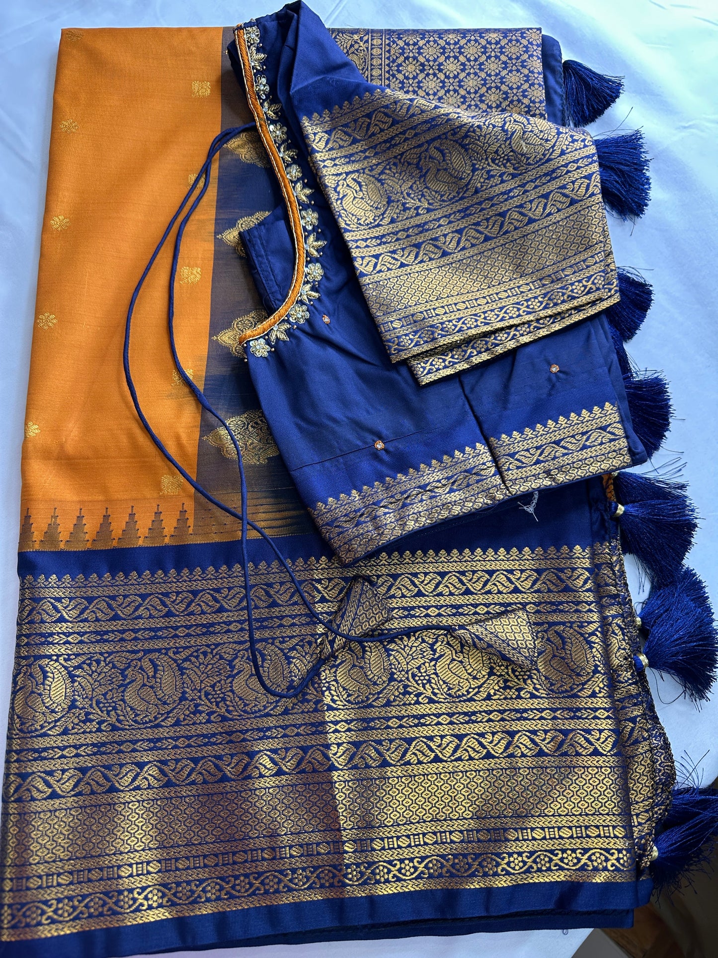 Mustard Brown Blue Pattu Gadwal Saree